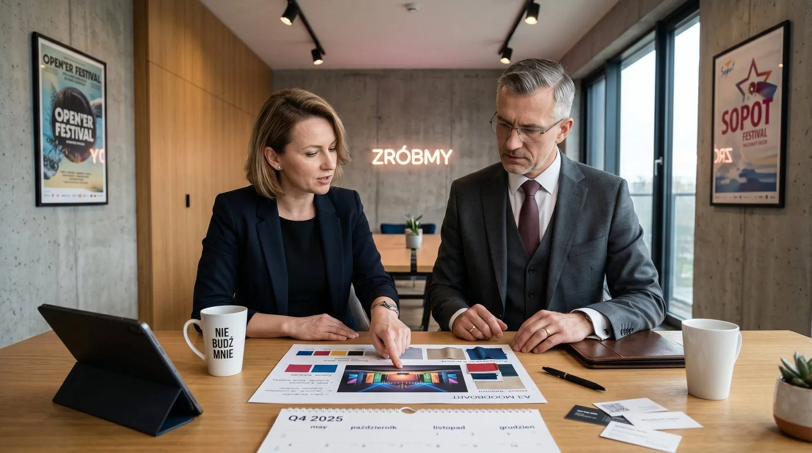 Właścicielka agencji eventowej z tabletem na tle sali eventowej w trakcie przygotowań — ekipy montujące scenę w tle