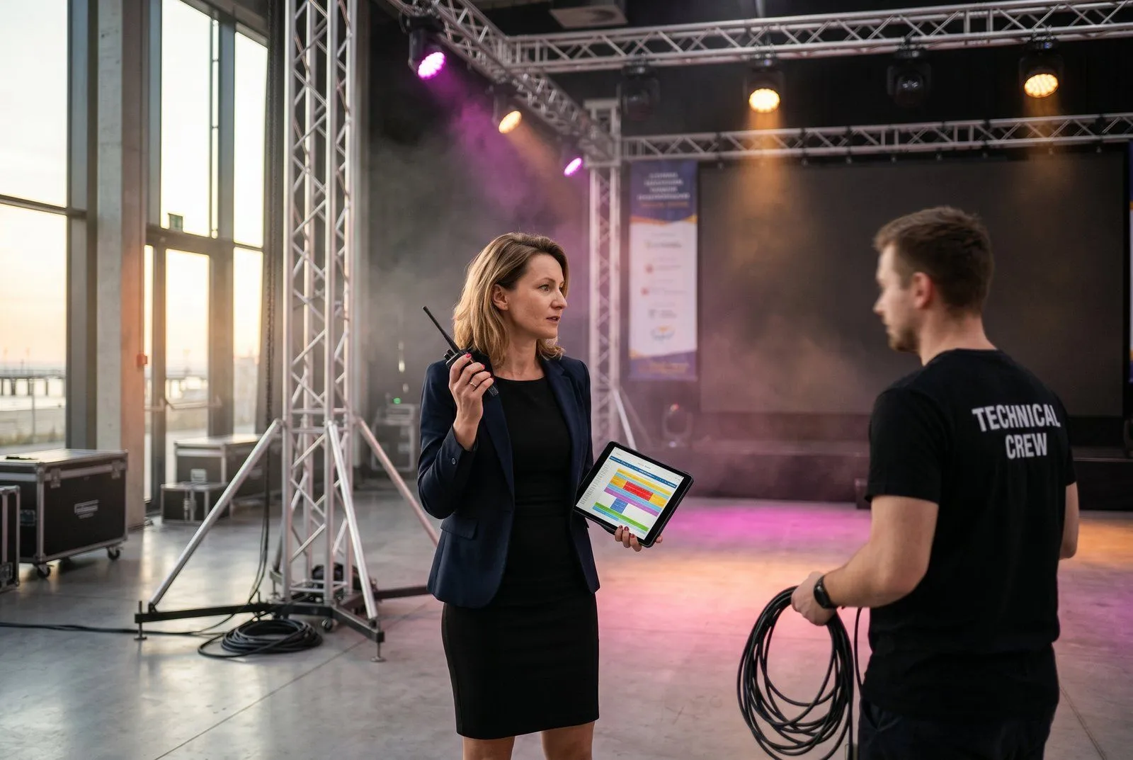 Sala konferencyjna w hotelu w Sopocie — scena z ekranem, rzędy krzeseł, technik ustawiający oświetlenie, profesjonalny event korporacyjny