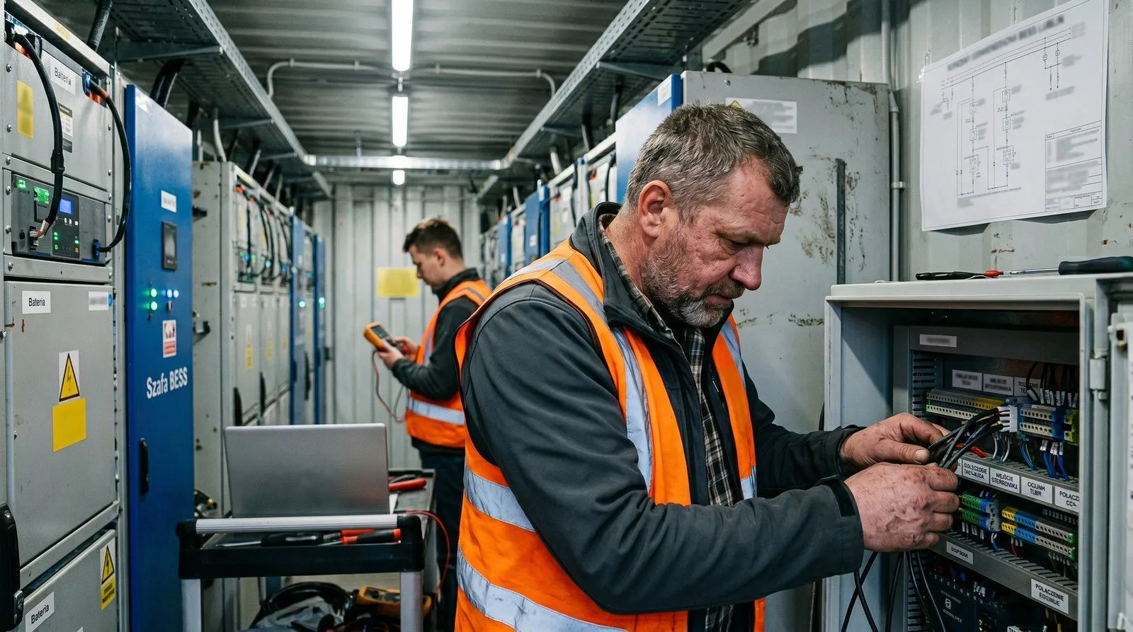 Inżynier elektryk z tabletem przy szafie z bateriami litowymi LFP w magazynie energii 250 kWh — wskaźniki LED na panelu sterowania, realizacja projektu BESS dla klienta przemysłowego