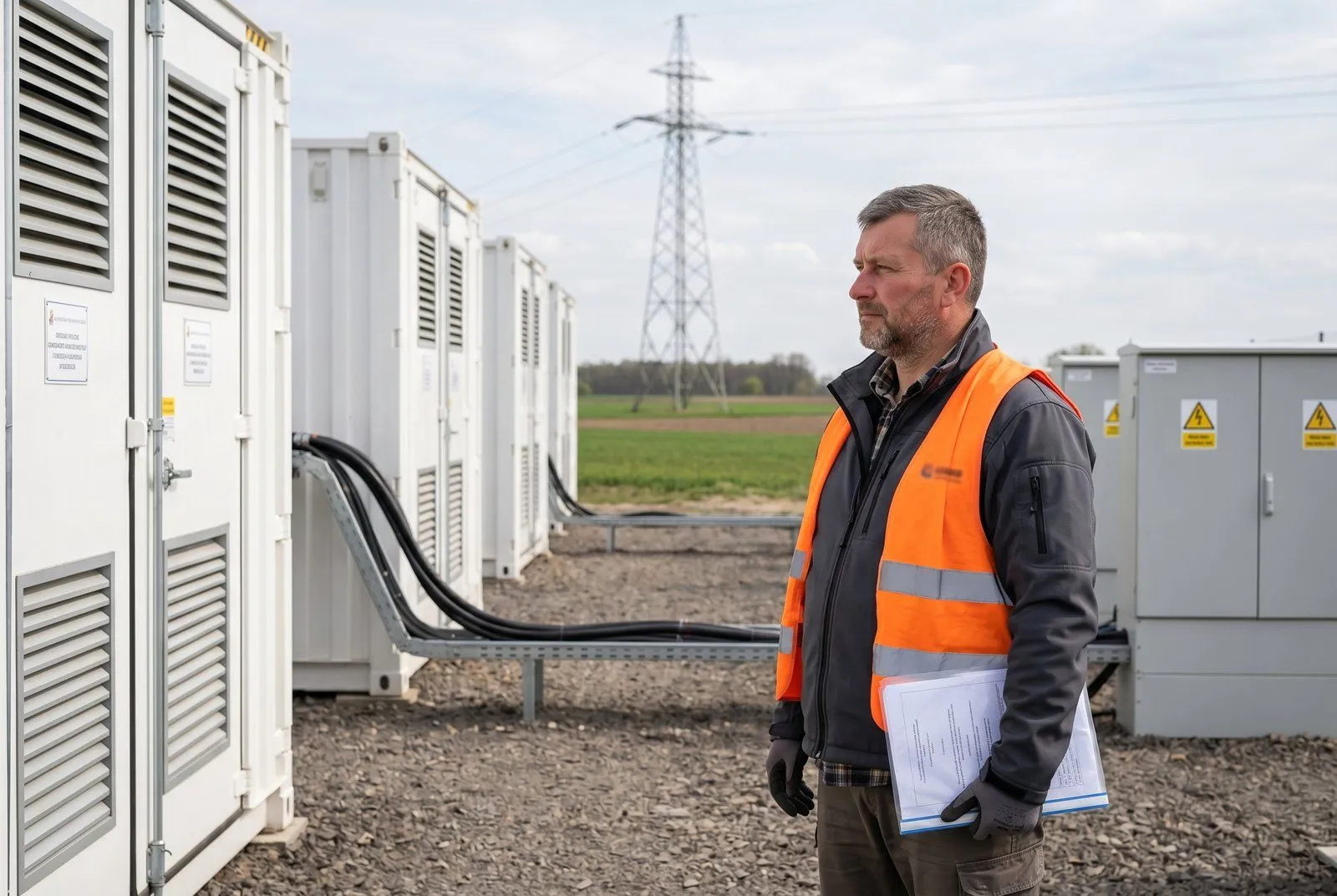 Kontener z systemem magazynowania energii BESS obok hali przemysłowej zakładu meblarskiego pod Lublinem — panele fotowoltaiczne na dachu w tle, inwestycja sfinansowana pożyczką 300 tys. PLN od Horyzont Capital