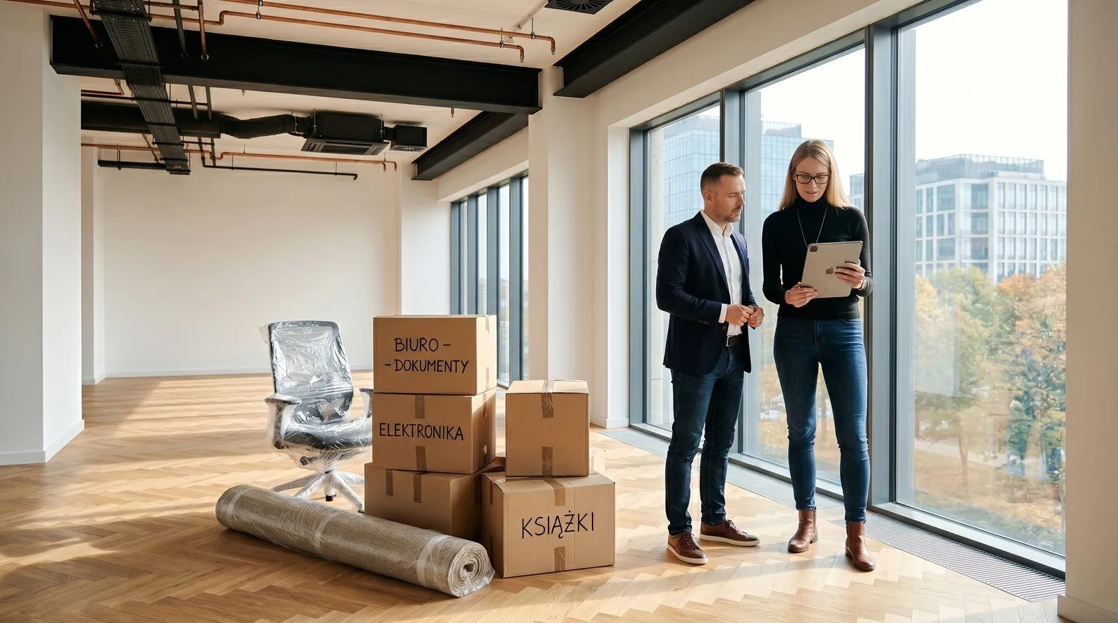 Konsultant w garniturze stojący w pustym lokalu biurowym z planami aranżacyjnymi w ręku — okna od podłogi do sufitu, panorama Warszawy w tle