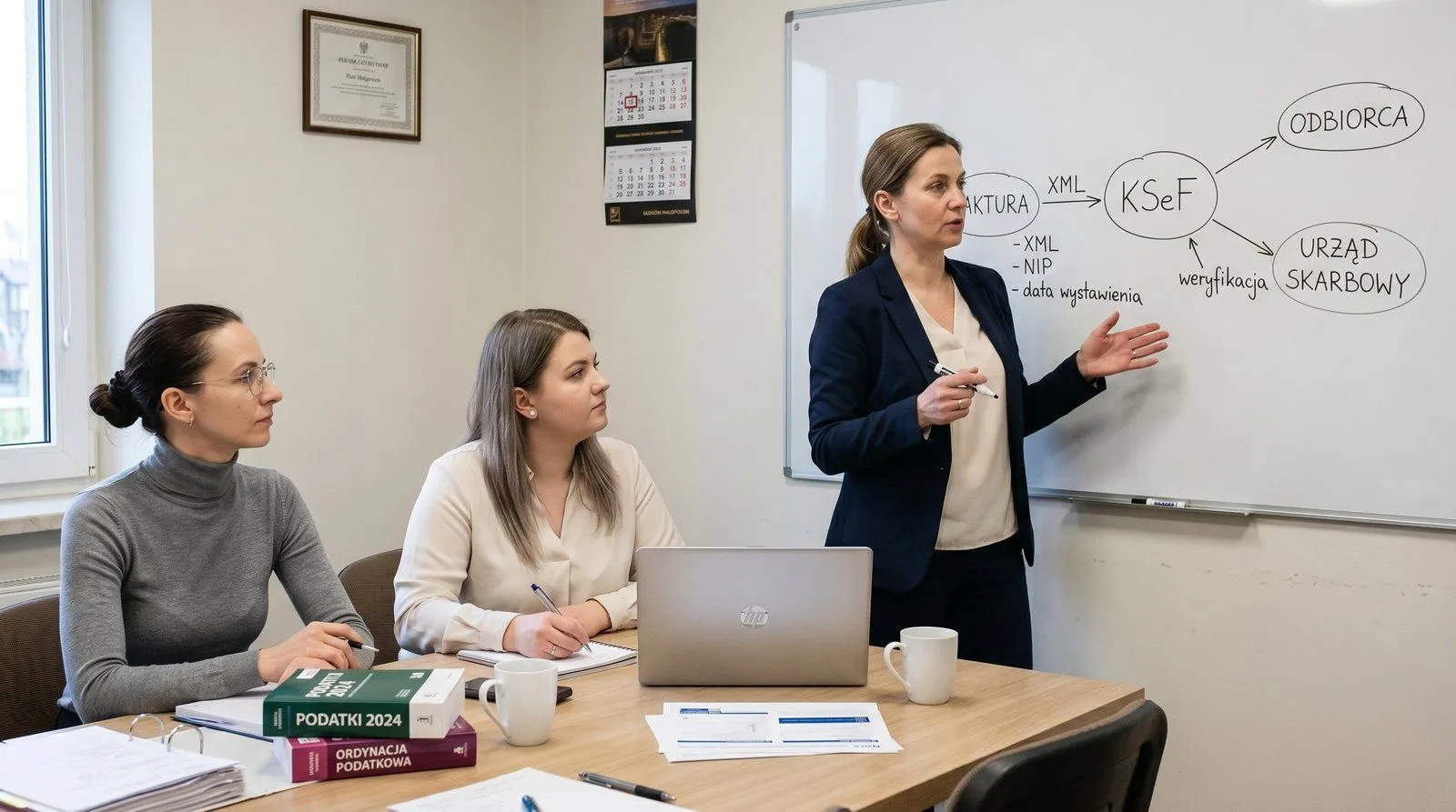 Nowoczesne biuro rachunkowe — biurko z laptopem i dokumentami, filiżanka kawy, ciepłe światło, klimat pracy doradcy podatkowego