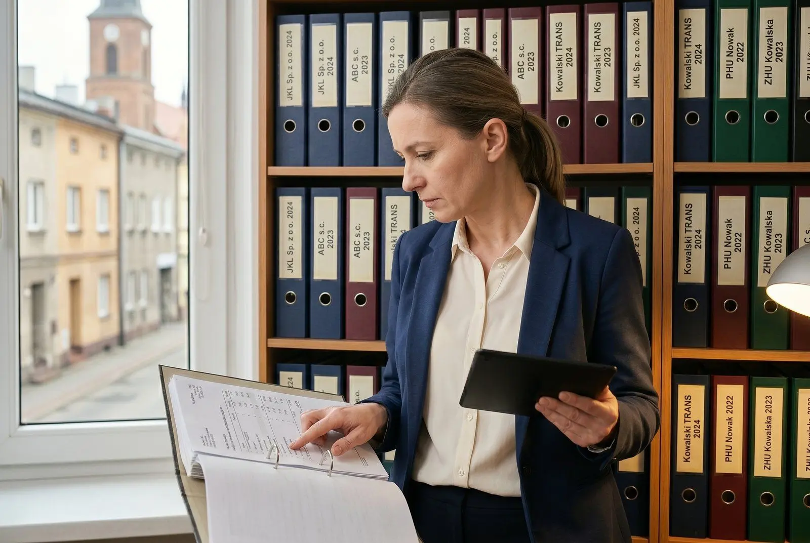 Doradczyni podatkowa w biurze rachunkowym z Głogowa Małopolskiego przy monitorze z dokumentami KSeF — profesjonalne wnętrze, półki z segregatorami w tle