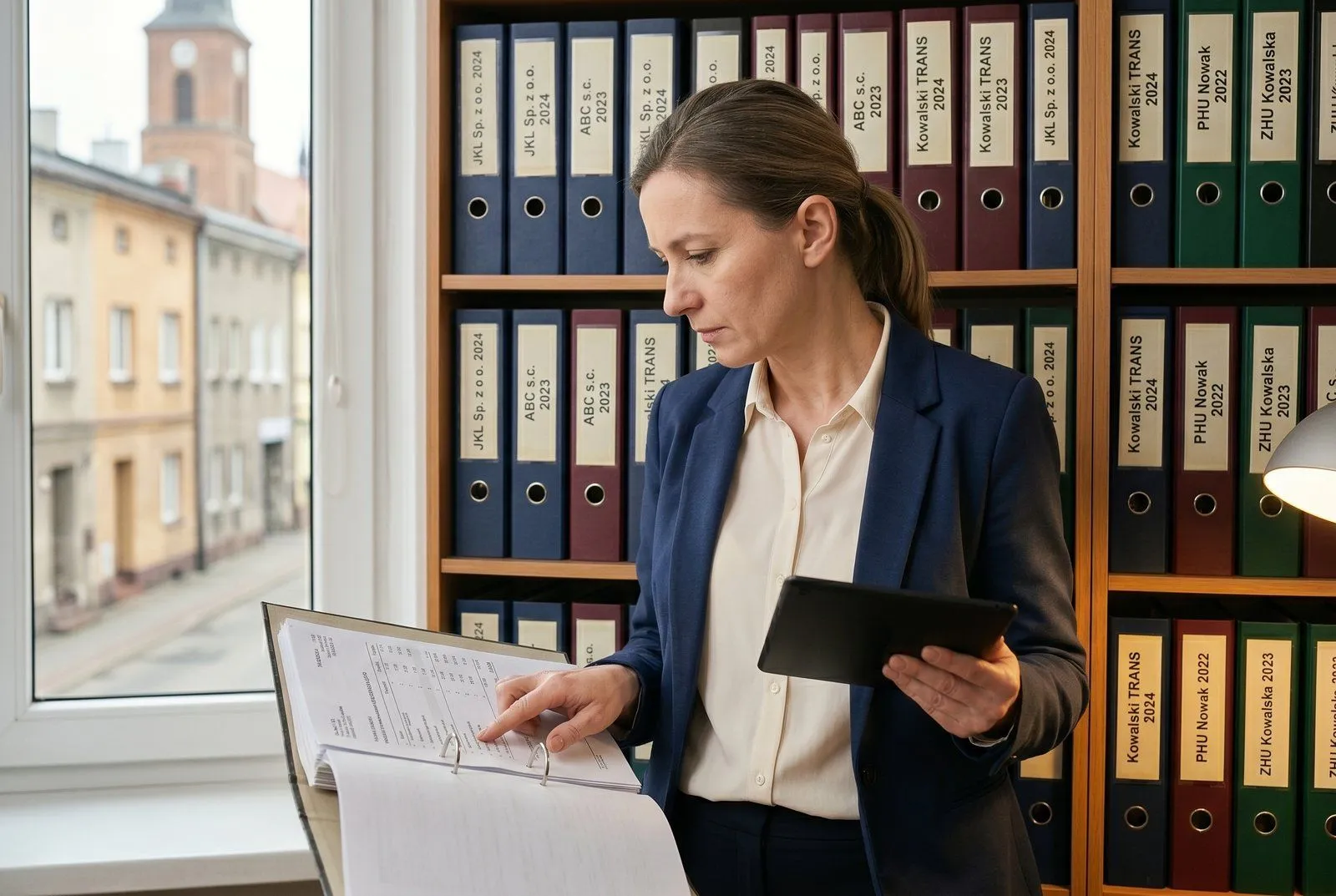 Doradczyni podatkowa w biurze rachunkowym z Głogowa Małopolskiego przy monitorze z dokumentami KSeF — profesjonalne wnętrze, półki z segregatorami w tle