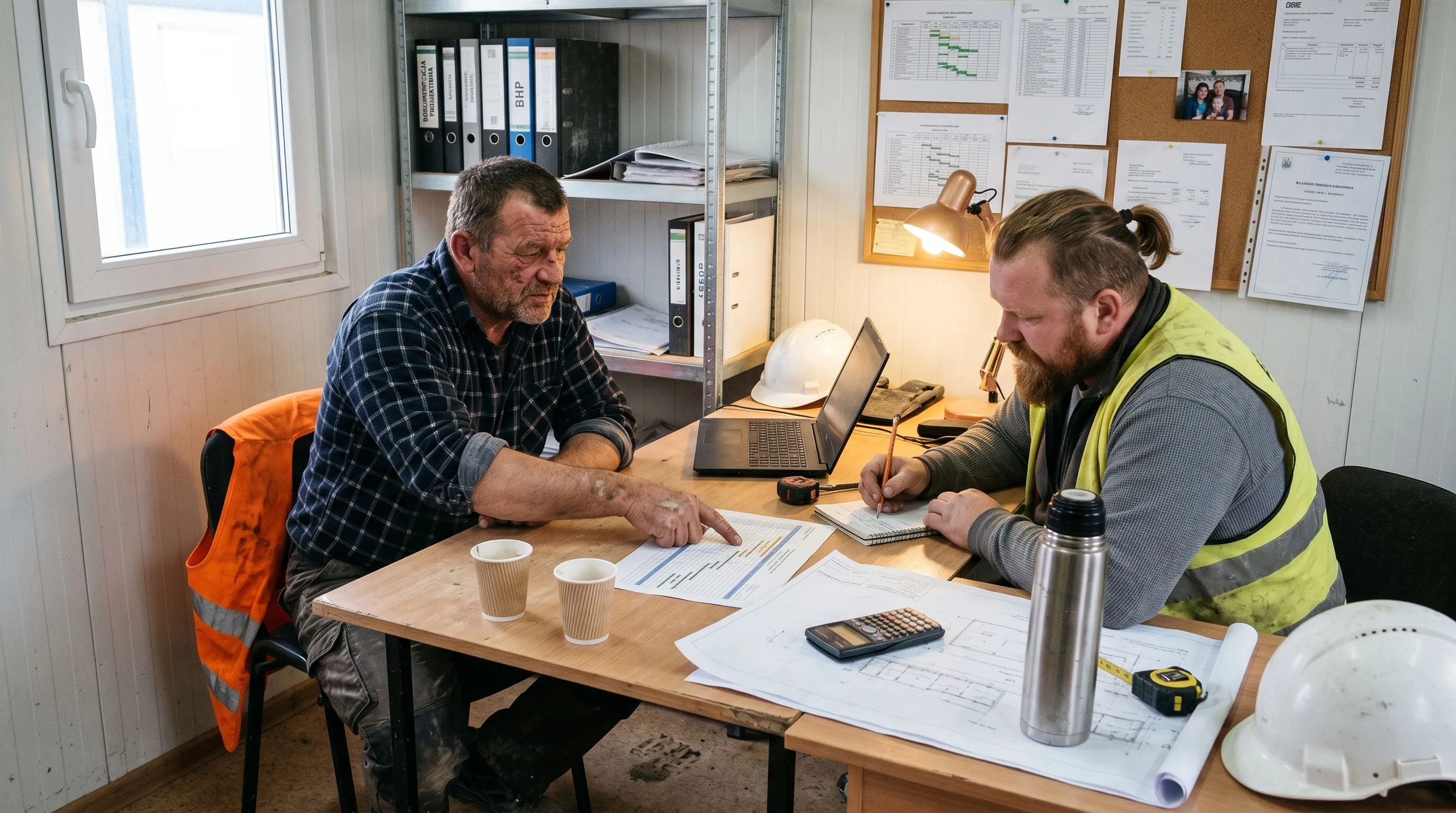 Pan Sławomir w biurze firmy budowlanej w Siedlcach analizuje kontrakt wykonawczy z deweloperem przy stole z dokumentacją i planami budowy