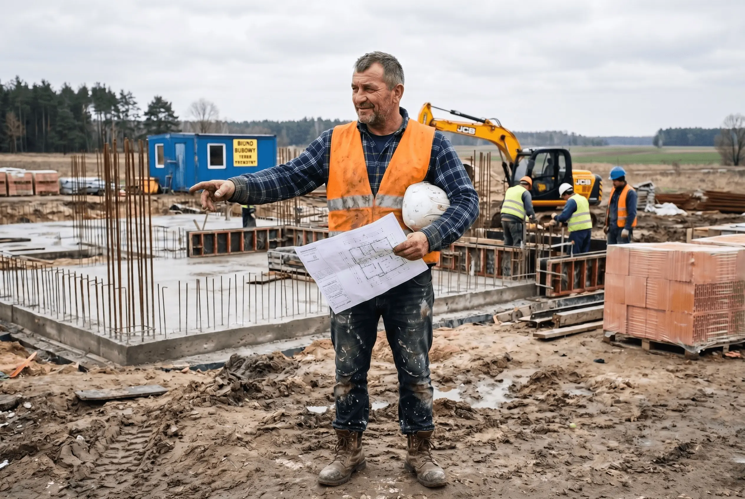 Pan Sławomir w kasku i kamizelce odblaskowej na placu budowy w Siedlcach, w tle fundamenty i wstępnie wymurowany parter osiedla 14 domów jednorodzinnych