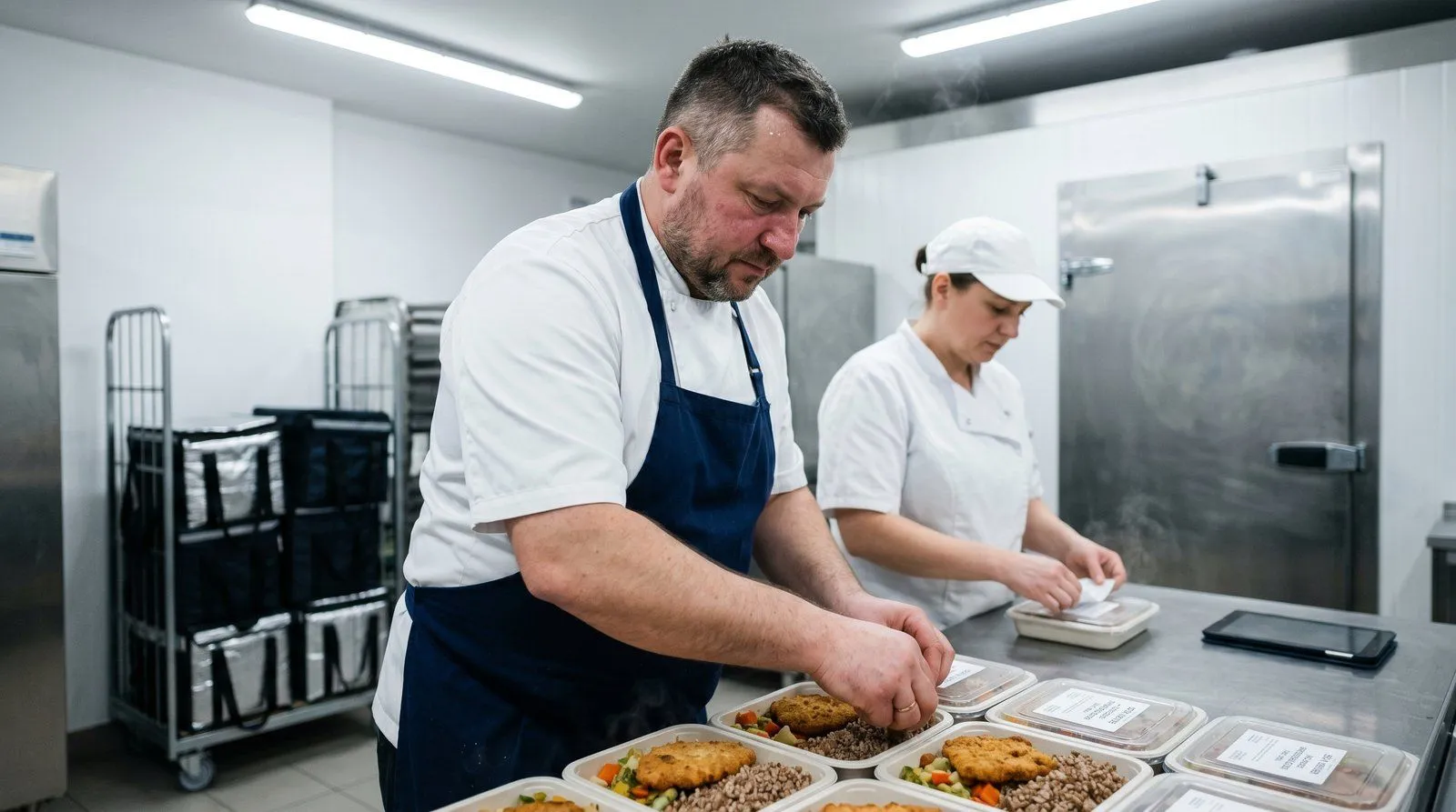 Tacki z gotowymi posiłkami w pojemnikach GN gotowe do transportu — kontrakt 3-letni z firmą spożywczą obsługiwany z centralnej kuchni produkcyjnej pod Nowym Sączem