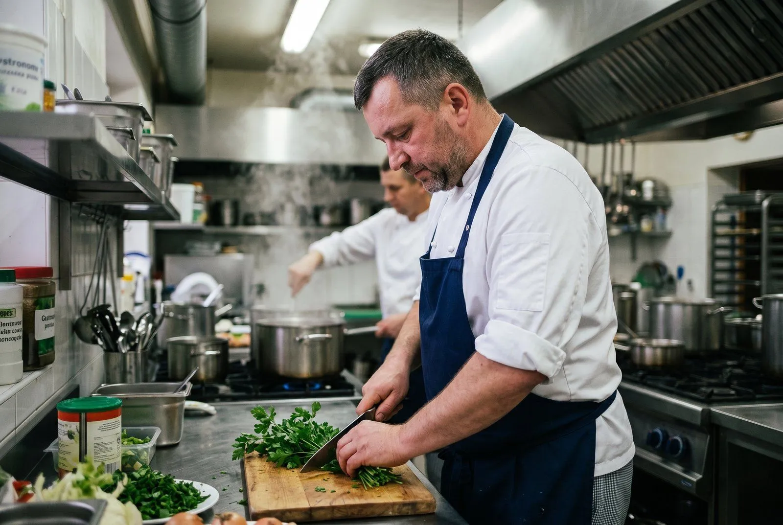 Profesjonalna kuchnia przemysłowa firmy cateringowej z Nowego Sącza — stalowe blaty, garnki, zespół kucharzy w białych fartuchach, centralna kuchnia 400 posiłków dziennie sfinansowana pożyczką 1,4 mln PLN od Horyzont Capital