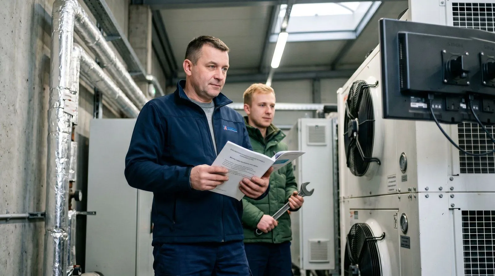 Agregat chłodniczy na zewnątrz hali magazynowej cold chain — instalacja przemysłowa po awaryjnej wymianie