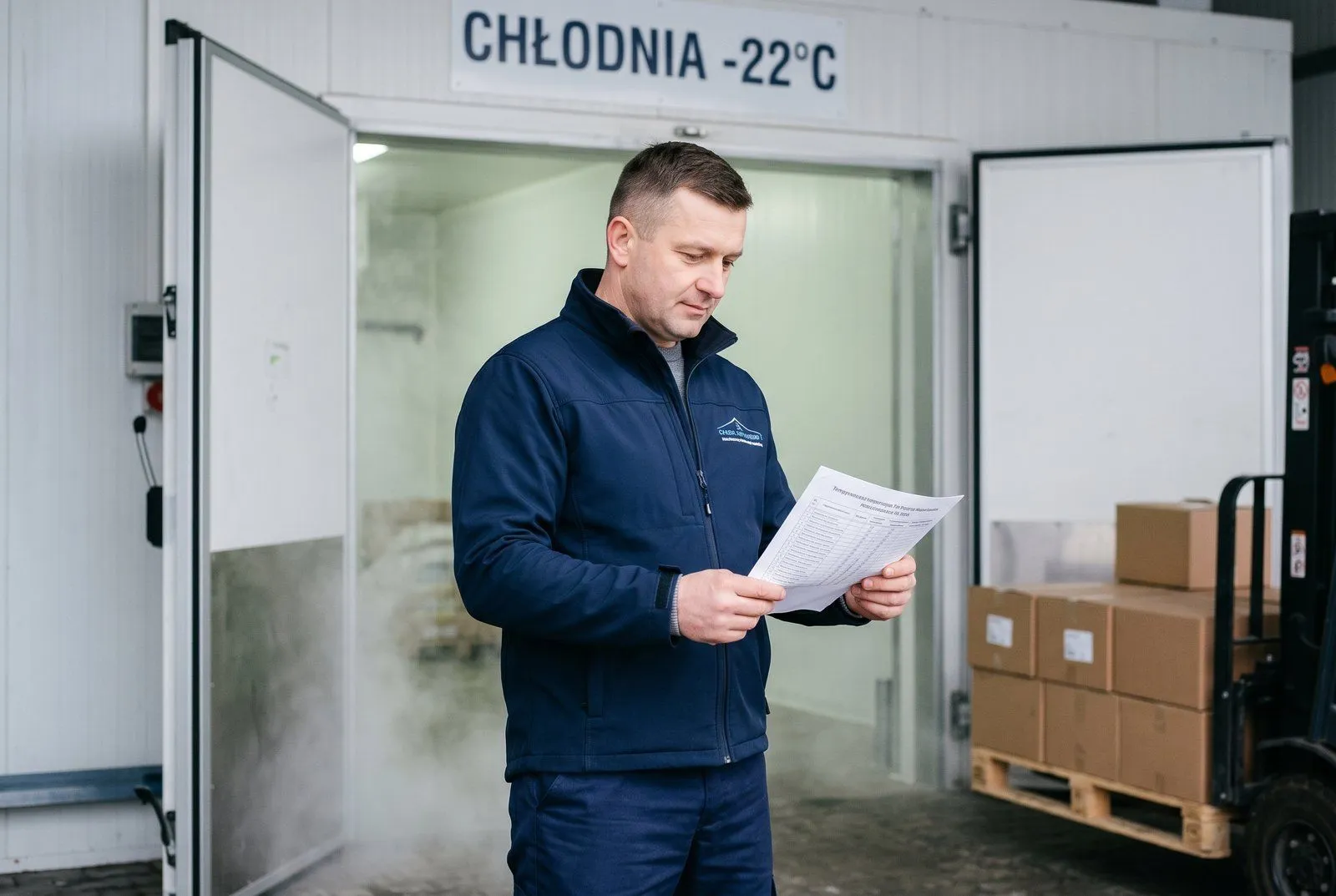 Wnętrze mroźni magazynowej pod Warszawą — regały z paletami mrożonego towaru, oświetlenie LED, magazynier w kurtce zimowej