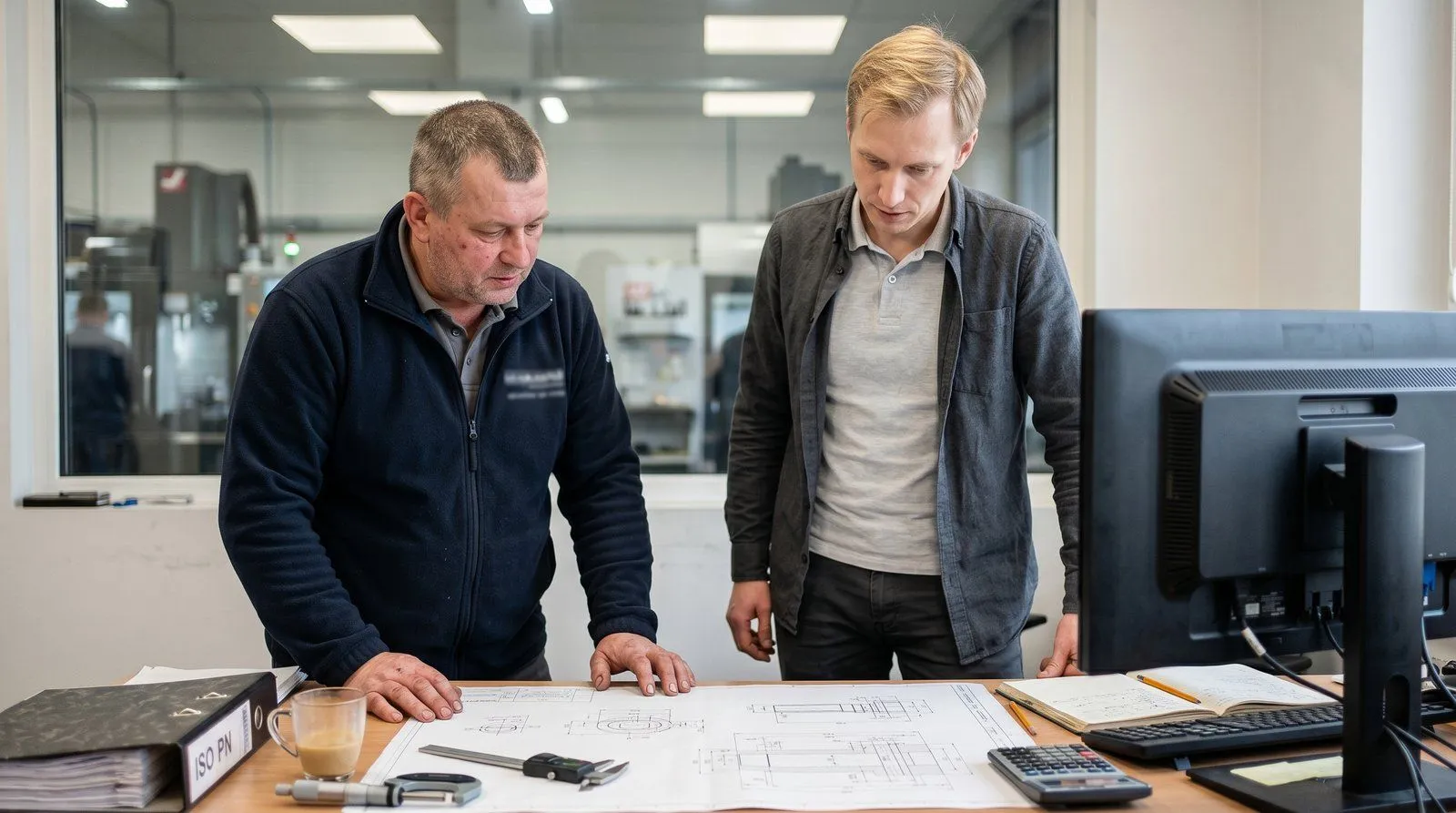 Hala zakładu metalowego — regały z komponentami toczonymi, mężczyzna w kombinezonie roboczym kontrolujący wał na suwmiarce