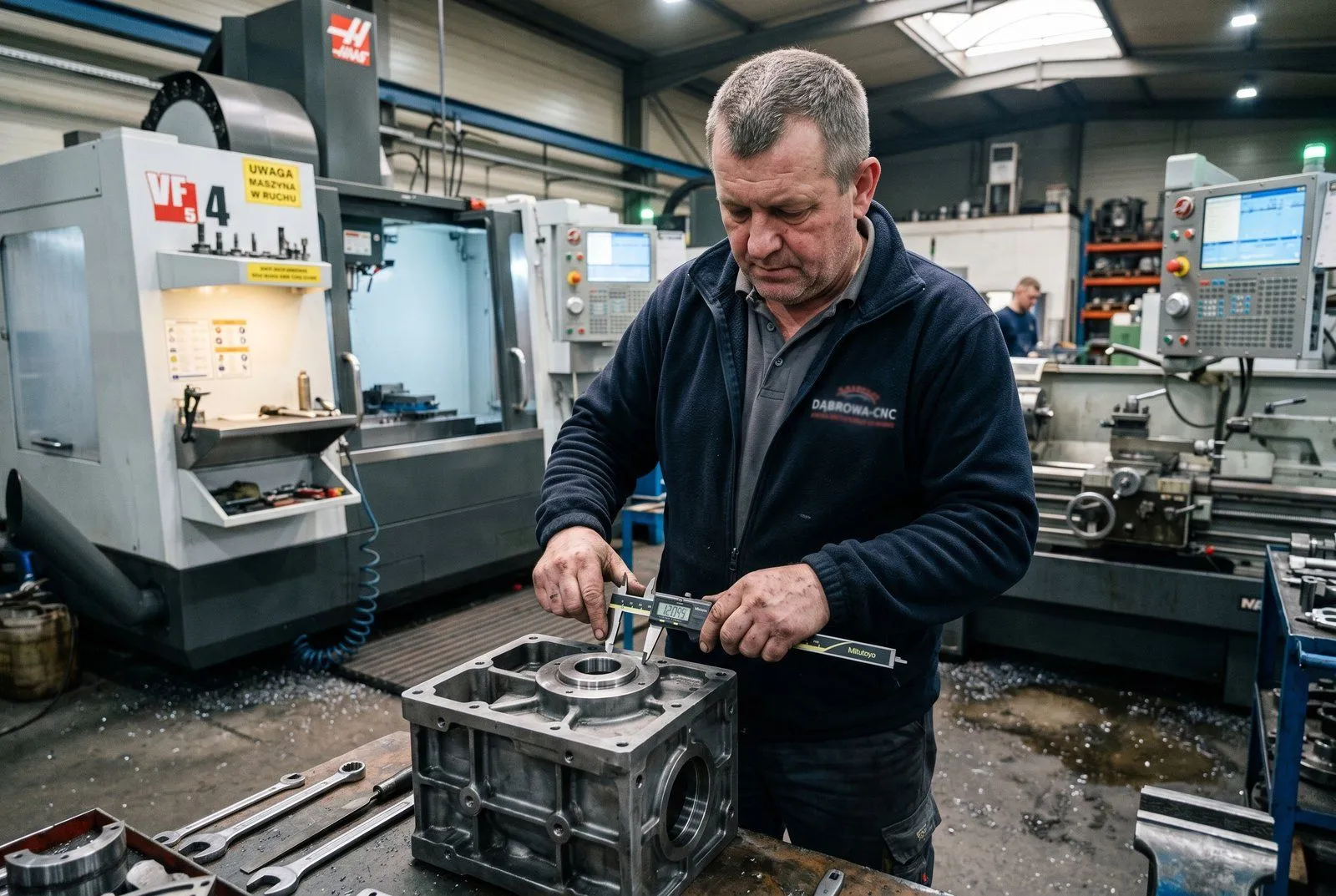 Tokarka CNC w hali produkcyjnej zakładu obróbki metali pod Dąbrową Górniczą — operator w ochronnikach słuchu ustawia obrabiarkę, wióry metalowe, oświetlenie halogenowe