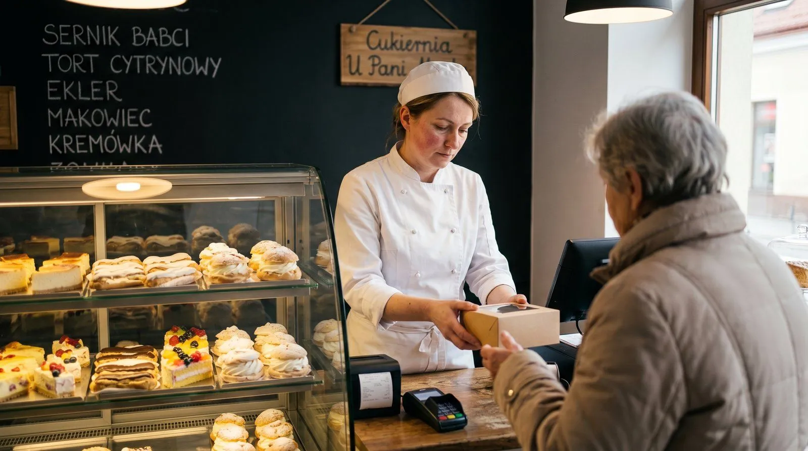 Lada cukiernicza z tortami, ciastami i deserami w przytulnej kawiarni w Jaśle — drewniane meble, ciepłe światło, lokal cukierni z 6-letnim dorobkiem rzemieślniczym