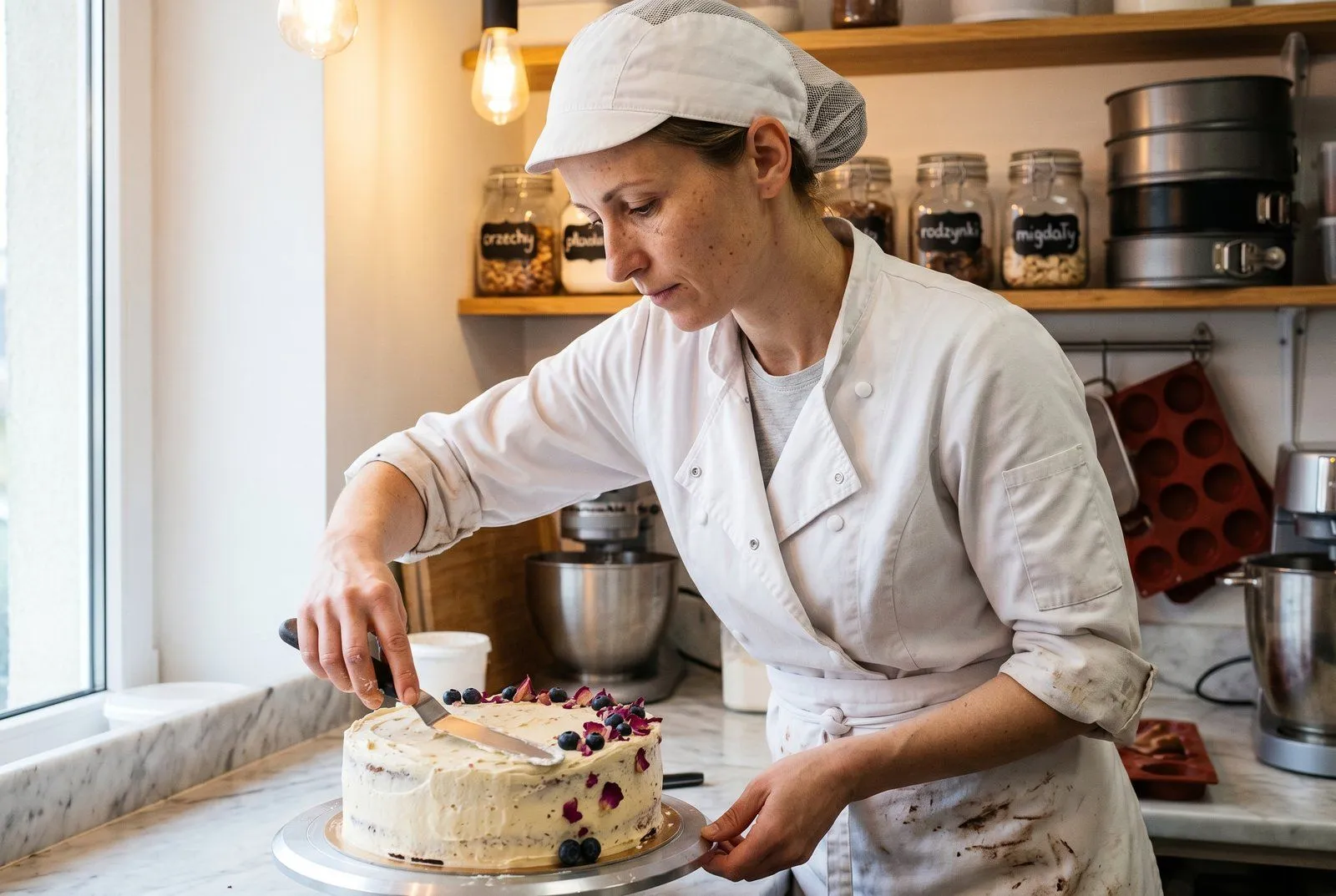 Kobieta w fartuchu cukierniczym dekoruje tort weselny w pracowni cukierni rzemieślniczej w Jaśle — 14 kontraktów weselnych ocalonych dzięki pożyczce 222 tys. PLN od Horyzont Capital, spłaconej 2 miesiące przed terminem