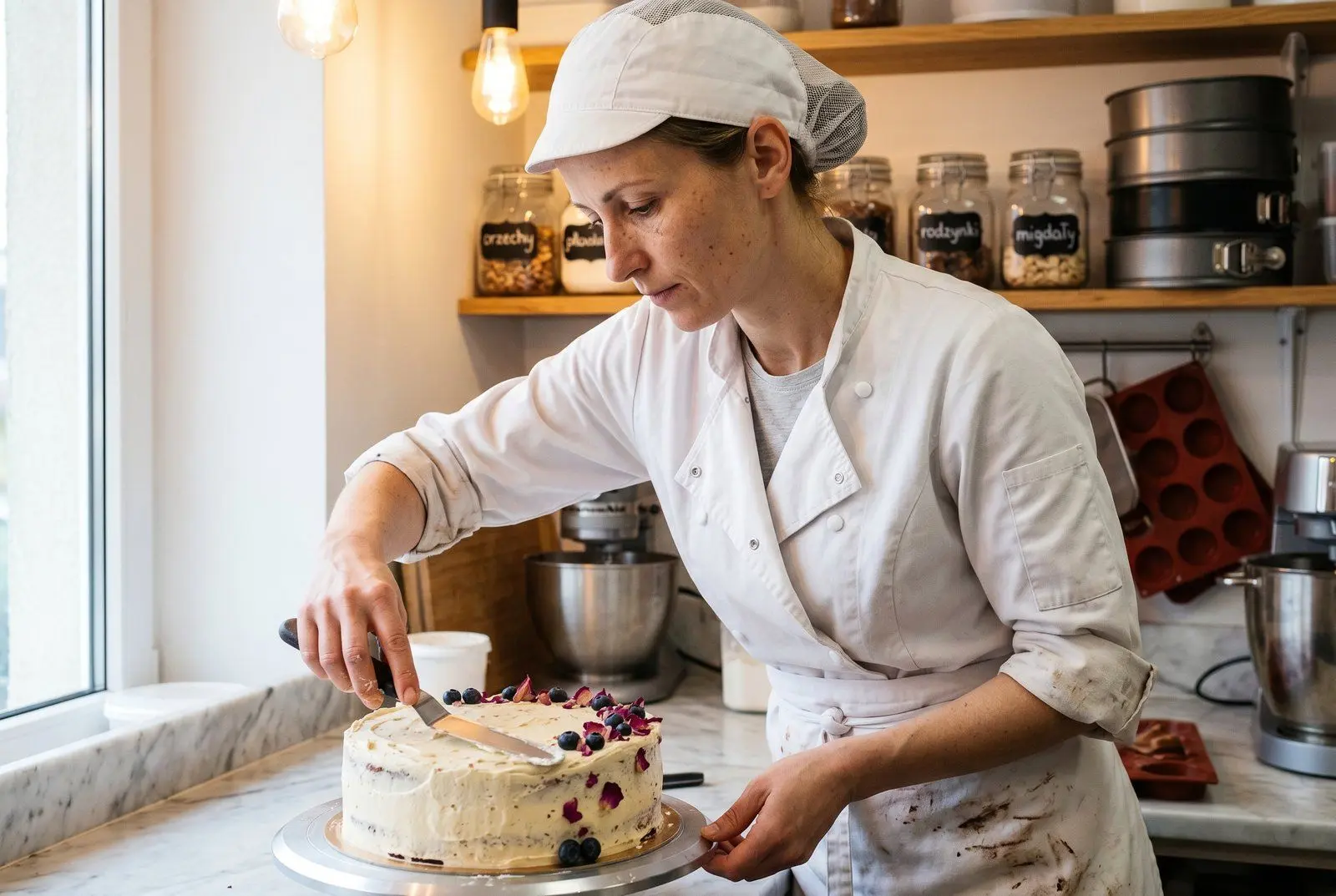 Kobieta w fartuchu cukierniczym dekoruje tort weselny w pracowni cukierni rzemieślniczej w Jaśle — 14 kontraktów weselnych ocalonych dzięki pożyczce 222 tys. PLN od Horyzont Capital, spłaconej 2 miesiące przed terminem
