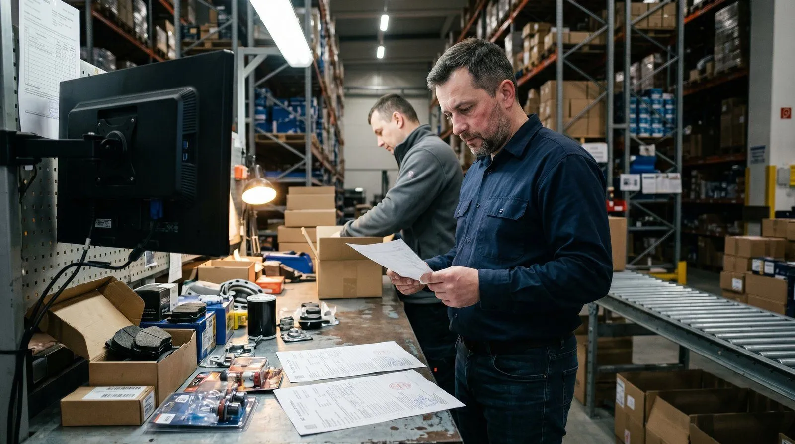 Rampa dostawcza hurtowni motoryzacyjnej — palety z kartonami filtrów, wózek widłowy, zatowarowanie odbudowane dzięki finansowaniu pozabankowemu