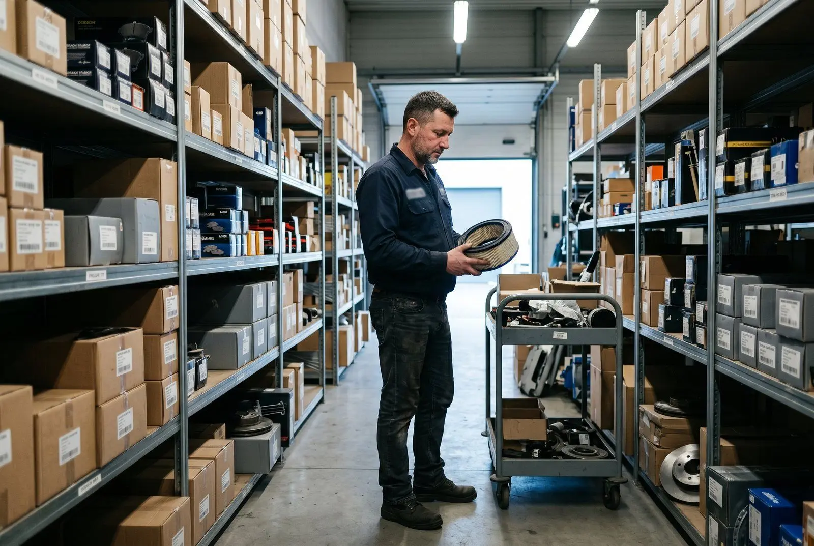 Wnętrze magazynu części samochodowych w Poznaniu — regały z filtrami, olejami i klockami hamulcowymi, dystrybutor uratowany pożyczką 110 tys. PLN od Horyzont Capital po odcięciu kredytu kupieckiego