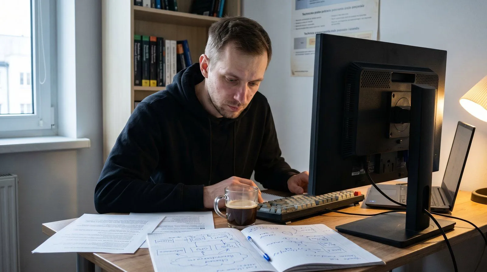 Inżynier DevOps przy laptopie z dashboardem monitoringu infrastruktury GPU pod inference AI