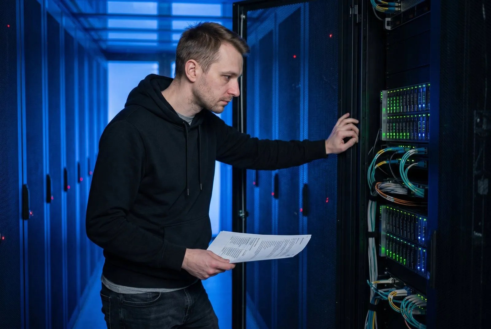 Serwerownia z rackiem GPU w gdańskim data center, podświetlone diody LED na obudowach