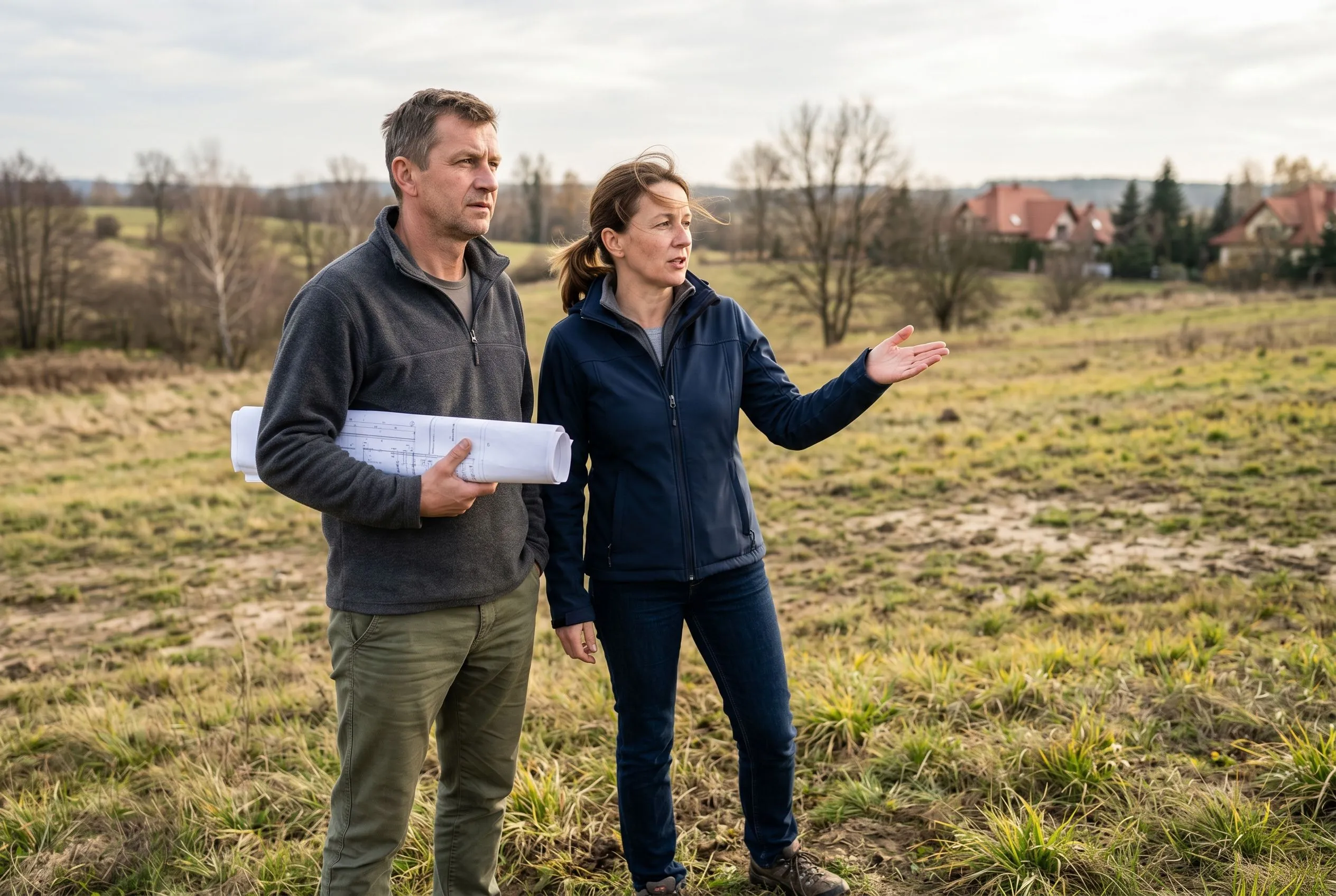 Para deweloperów na gruncie inwestycyjnym pod Bolesławcem — Pan Robert trzyma plan architektoniczny, Pani Magdalena wskazuje kierunek zabudowy