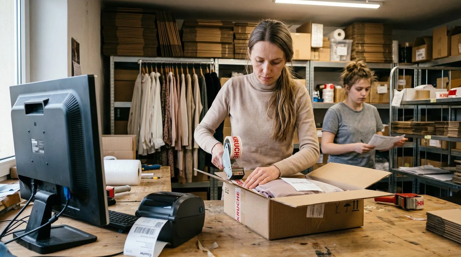 Wnętrze domowego fulfillment center sklepu z odzieżą damską — regały z kolekcją wiosenną, stół do pakowania, naklejki z logo sklepu, zatowarowanie z Chin z pożyczką pozabankową