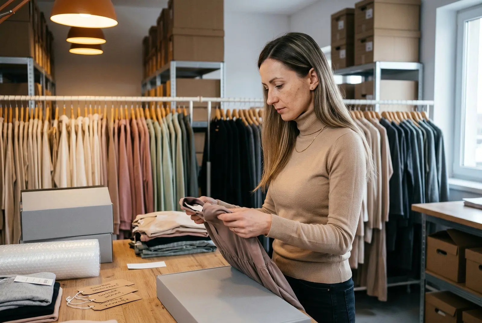 Kobieta pakująca zamówienie w domowym magazynie sklepu internetowego w Rypinie — kartonowe pudła na regałach, laptop z dashboardem e-commerce, inwestycja sfinansowana pożyczką 474 tys. PLN od Horyzont Capital