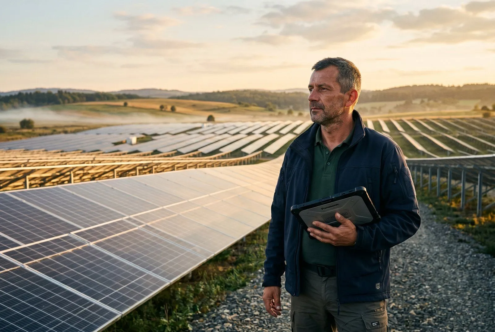 Farma fotowoltaiczna ground-mounted 2 MW pod Krosnem — rzędy paneli na stalowych konstrukcjach sfinansowane pożyczką 821 tys. PLN od Horyzont Capital spłaconą 3 miesiące przed terminem