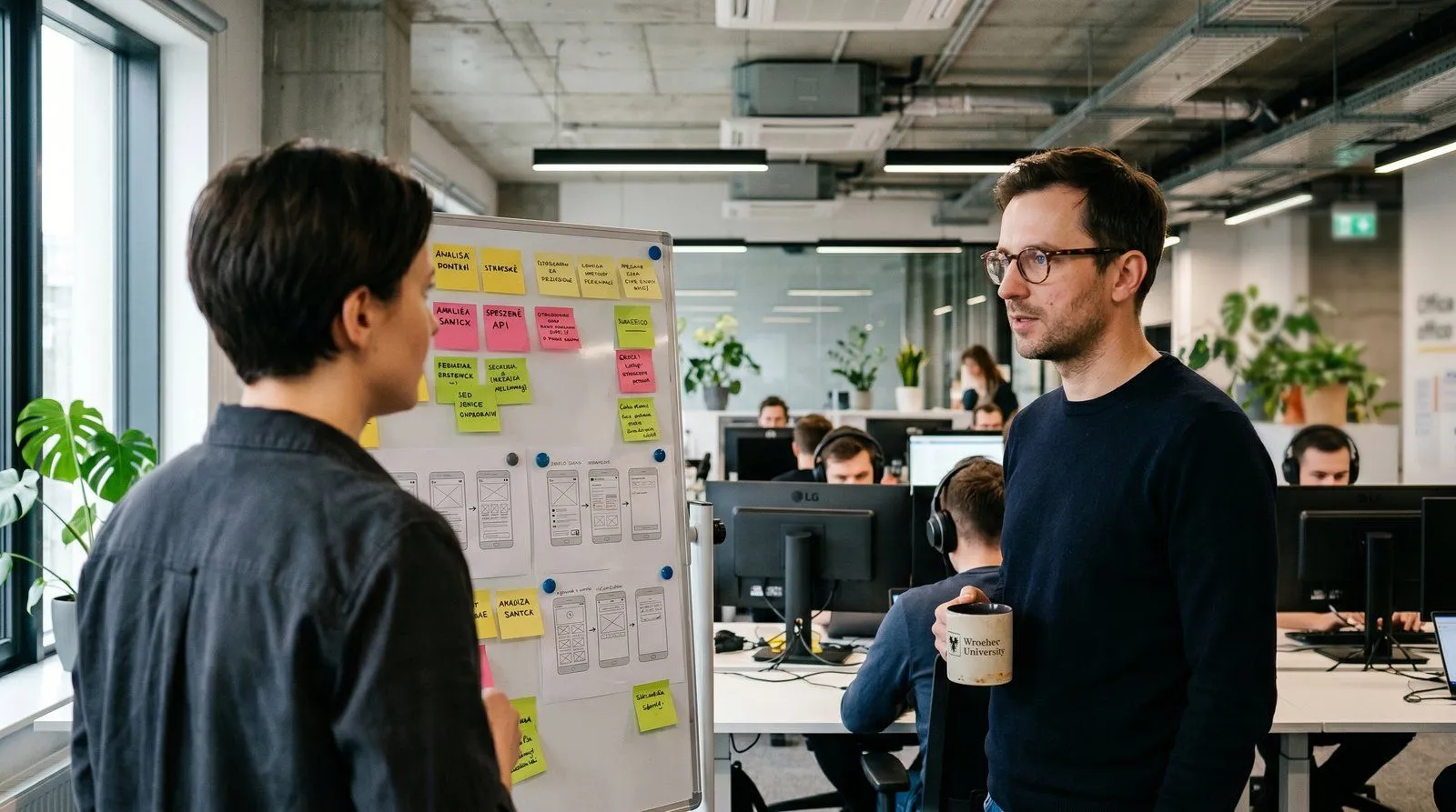 Nowoczesne biuro technologiczne fintech we Wrocławiu — białe biurko, dwa monitory, widok na miasto z okna biurowca, profesjonalna atmosfera pracy zespołu 14 inżynierów