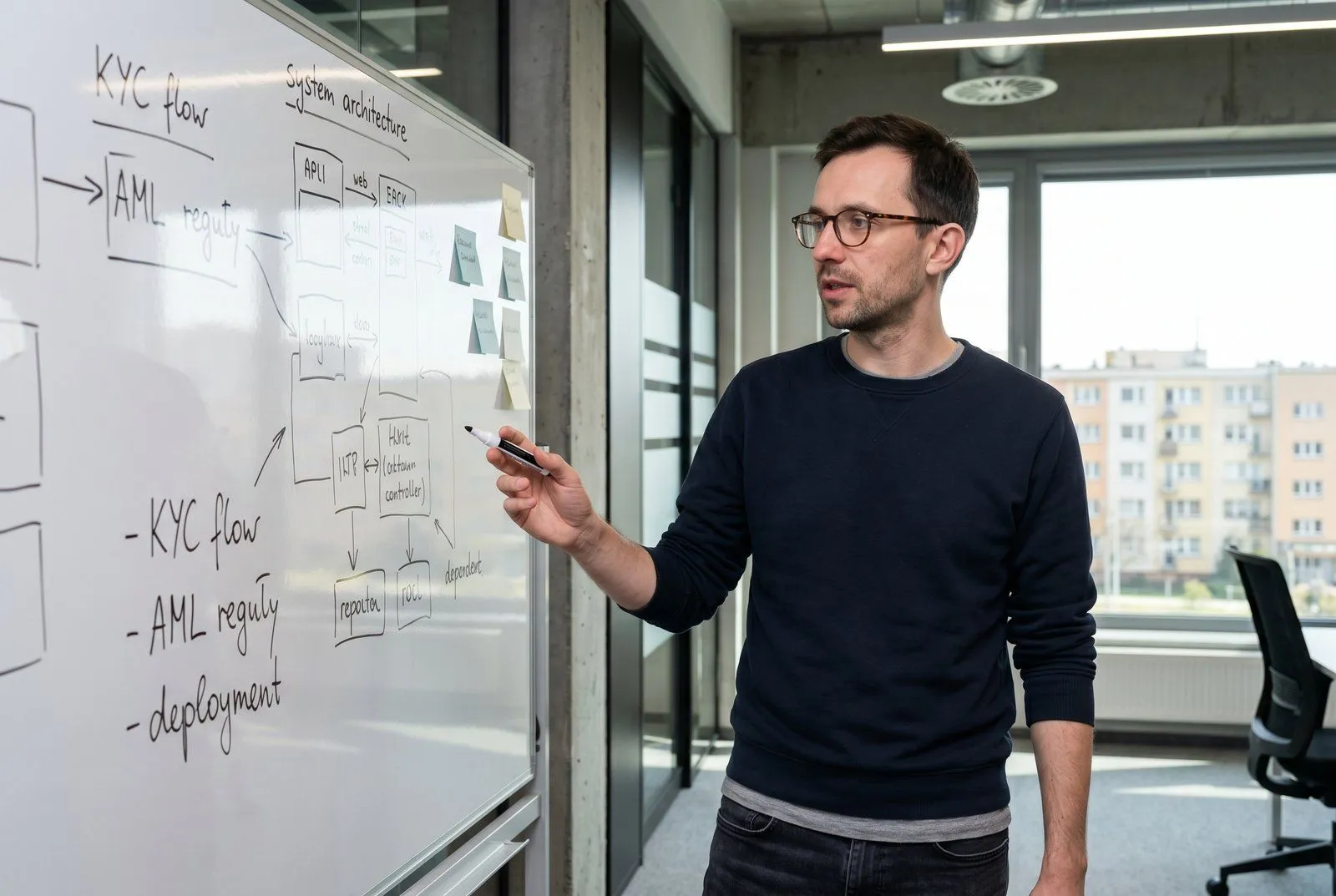 Mężczyzna w casualowej koszuli przy laptopie z dashboardem fintech w nowoczesnym biurze open space we Wrocławiu — zespół 22 osób w tle przy monitorach, firma sfinansowana pożyczką 1,35 mln PLN od Horyzont Capital