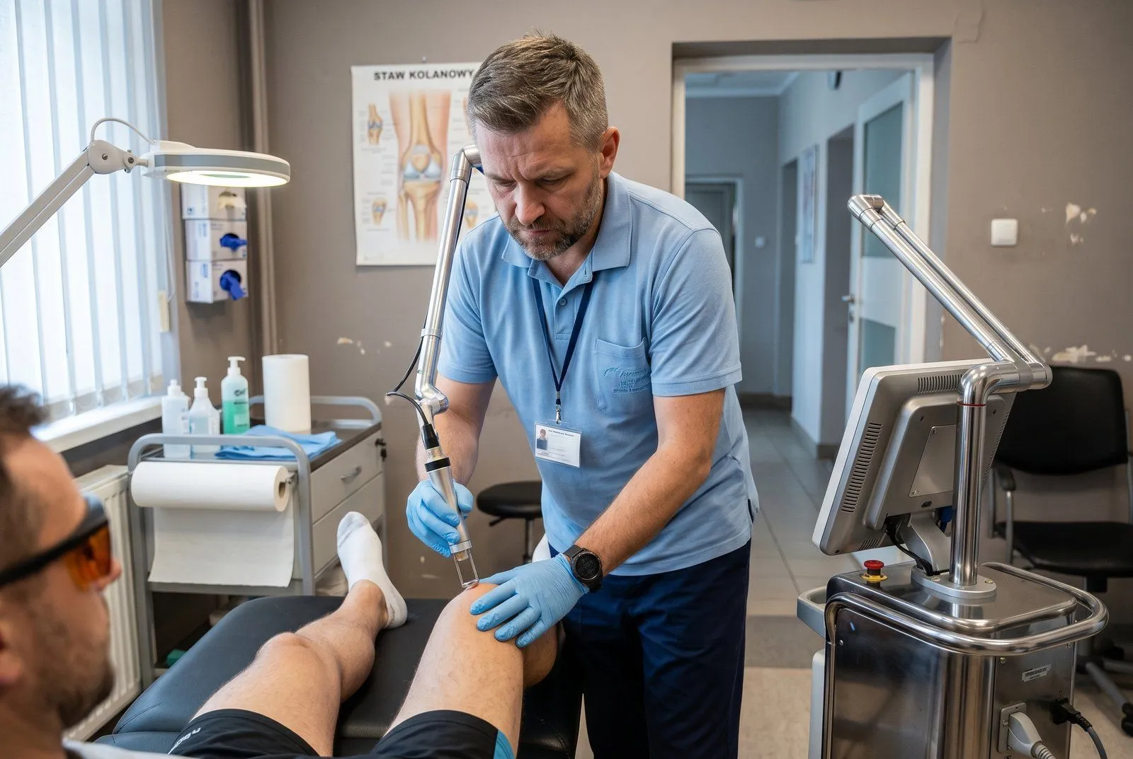 Fizjoterapeuta pracuje z pacjentem w gabinecie rehabilitacji w Siemiatyczach — 10-letni gabinet Pana Grzegorza z nowoczesnym sprzętem do terapii pourazowej