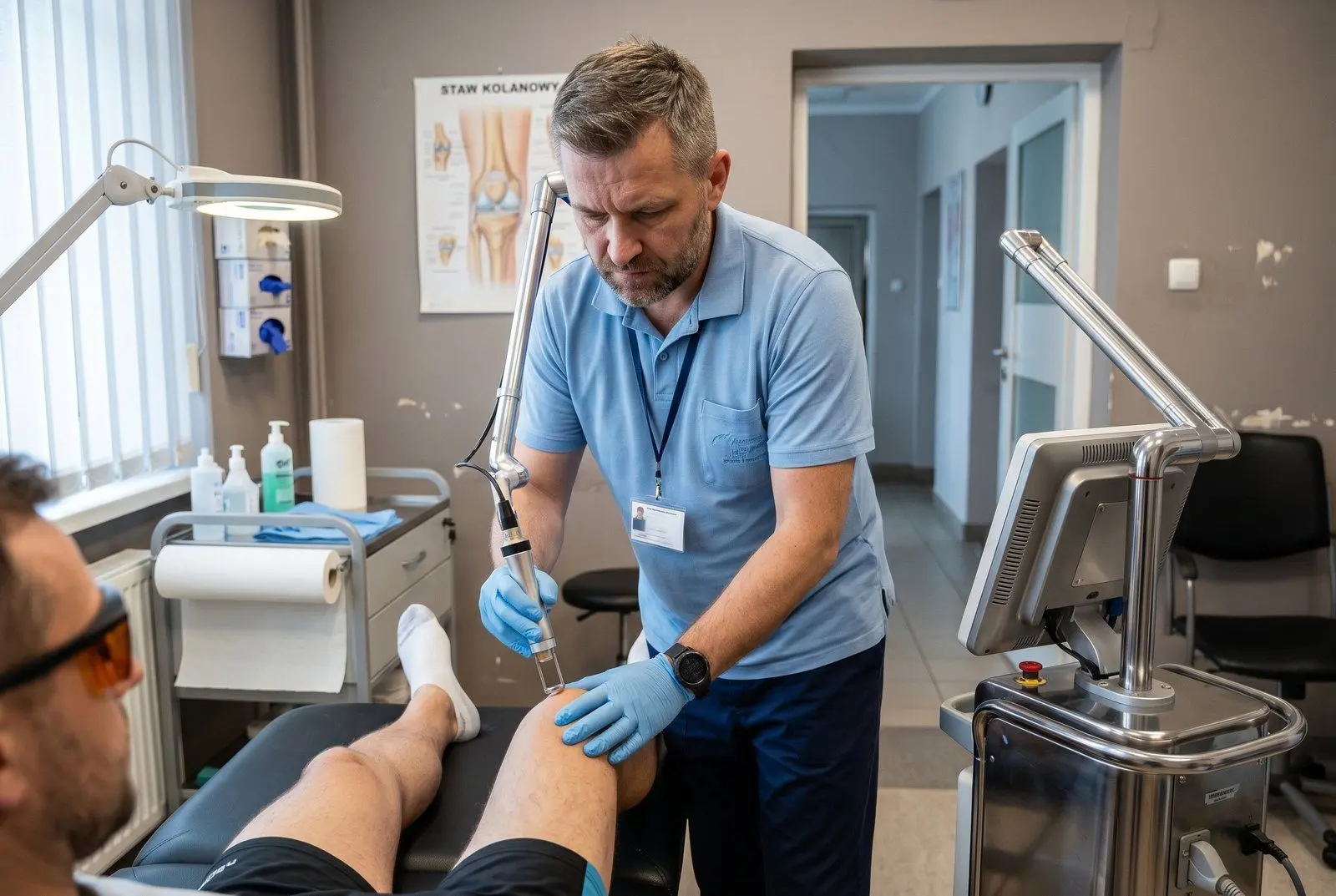 Fizjoterapeuta pracuje z pacjentem w gabinecie rehabilitacji w Siemiatyczach — 10-letni gabinet Pana Grzegorza z nowoczesnym sprzętem do terapii pourazowej