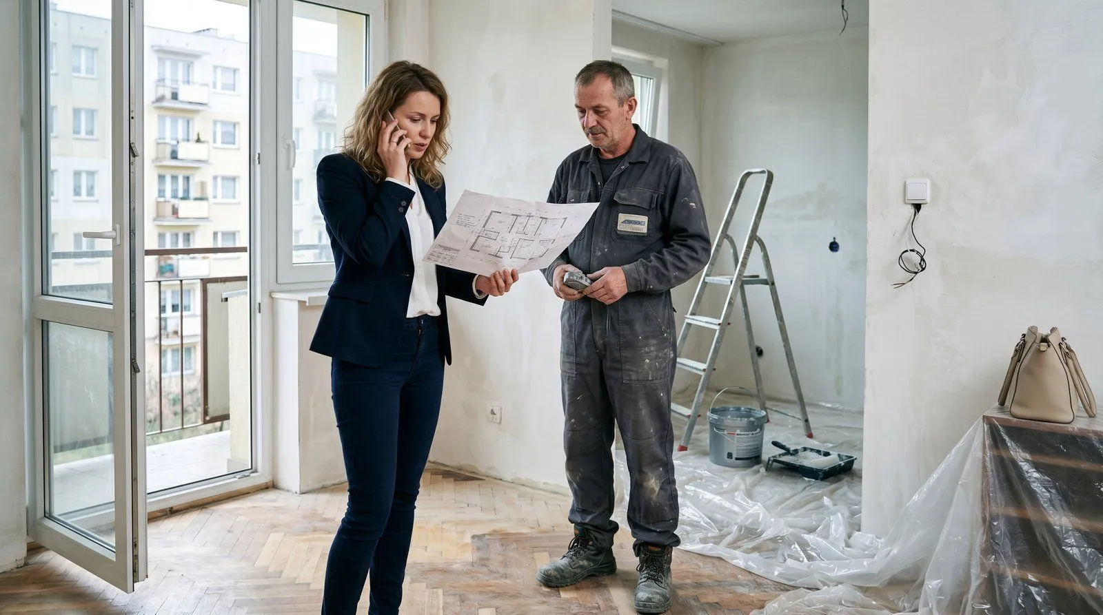 Flipperka mierząca ściany w pustym mieszkaniu z planami remontu w ręku — przygotowanie do flipa