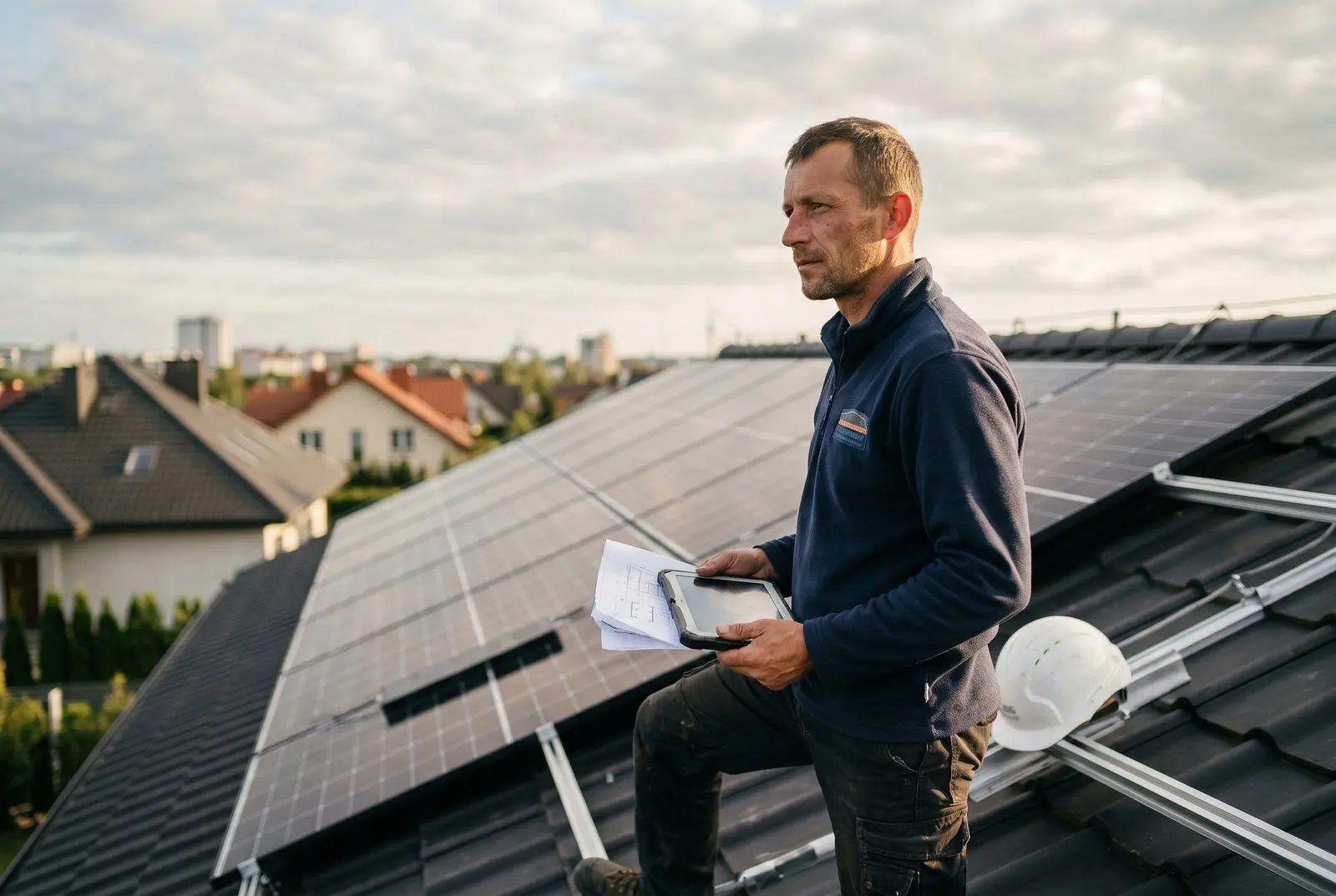 Monterzy w kaskach montują panele fotowoltaiczne na dachu domu jednorodzinnego w regionie szczecińskim — instalacja PV zakupiona z pożyczki 250 tys. PLN od Horyzont Capital