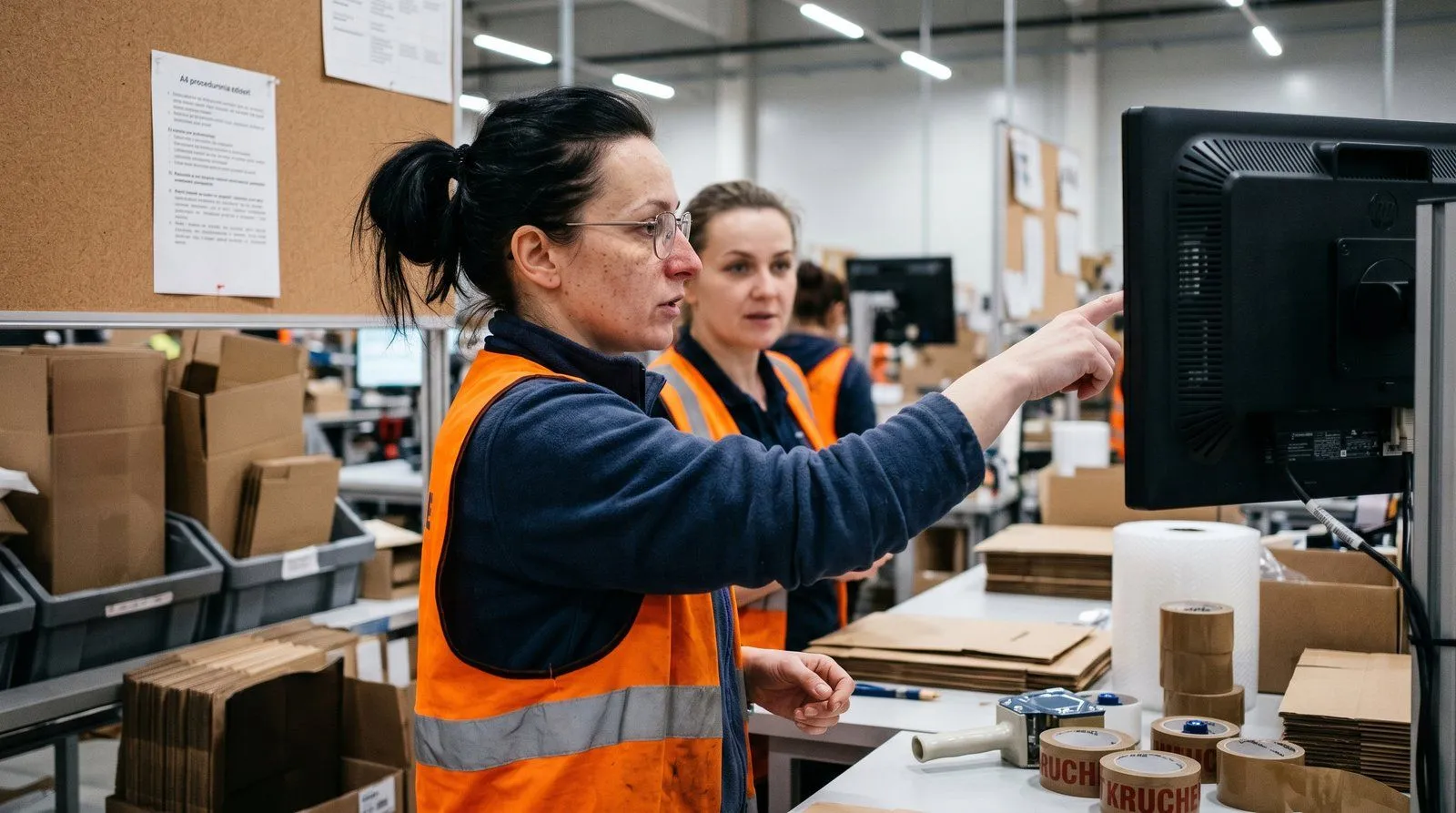 Operator magazynu skanujący kody kreskowe paczek przed wysyłką w systemie WMS