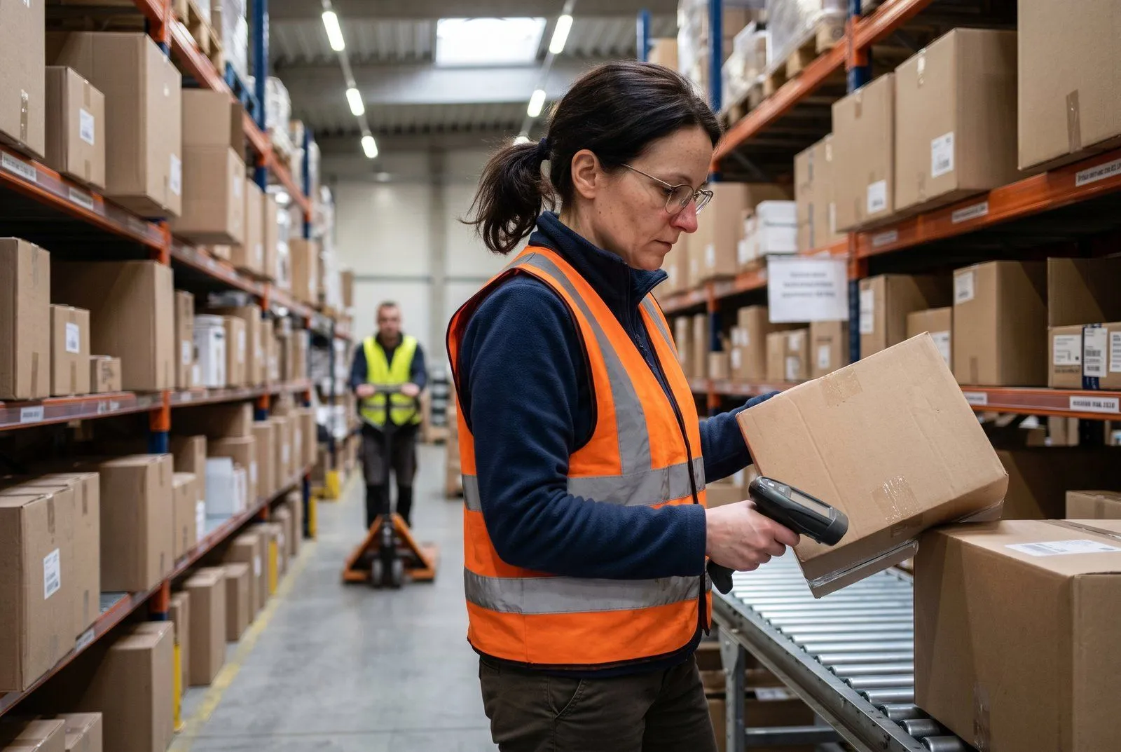 Magazyn fulfillment e-commerce pod Tczewem — regały z paczkami, stół do pakowania, etykiety wysyłkowe