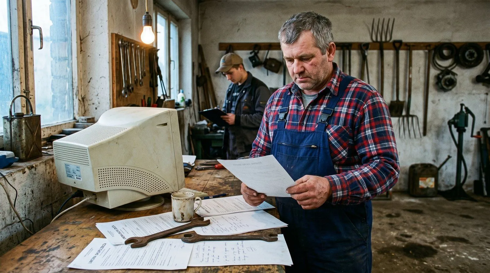 Park maszynowy gospodarstwa pod Bartoszycami — ciągniki i kombajn zbożowy w hali