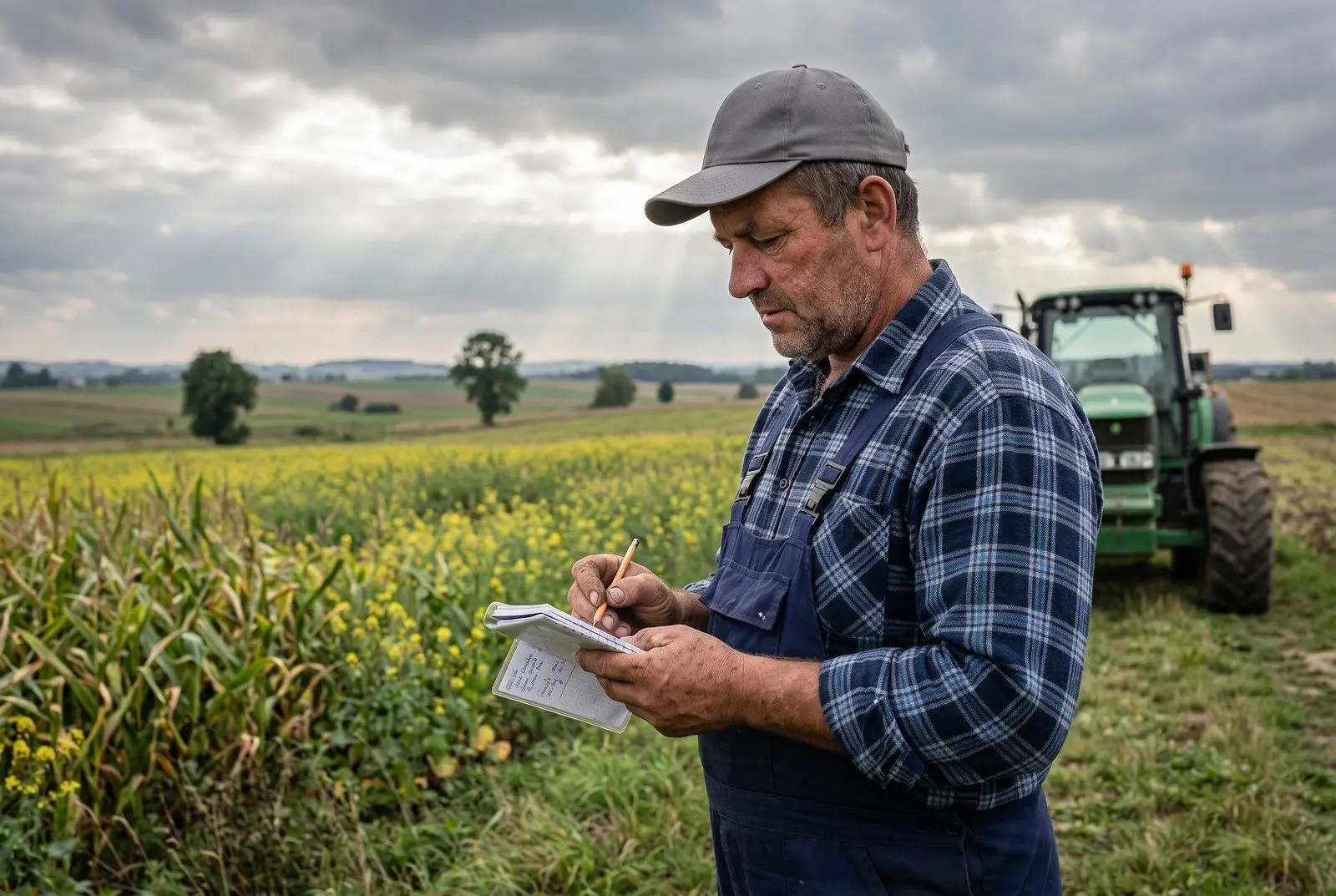 Pole pszenicy ozimej na Warmii z ciągnikiem John Deere podczas oprysku, równina warmińska o świcie