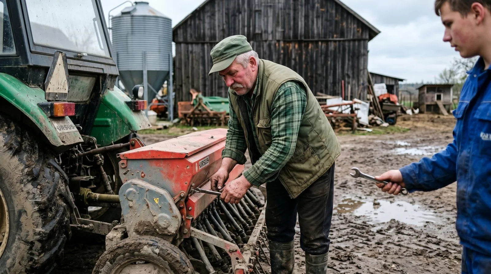 Rolnik ze Stoimy w polu z workami nawozu mineralnego przygotowanymi do wysiewu