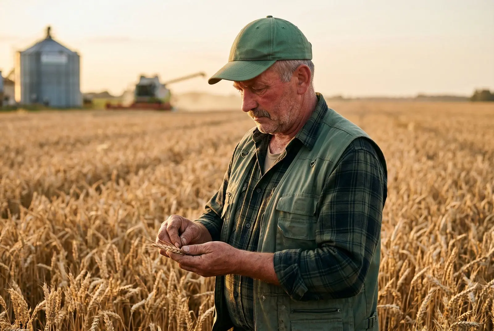 Pole pszenicy ozimej wczesną wiosną na Podlasiu, ciągnik z opryskiem azotowym w tle