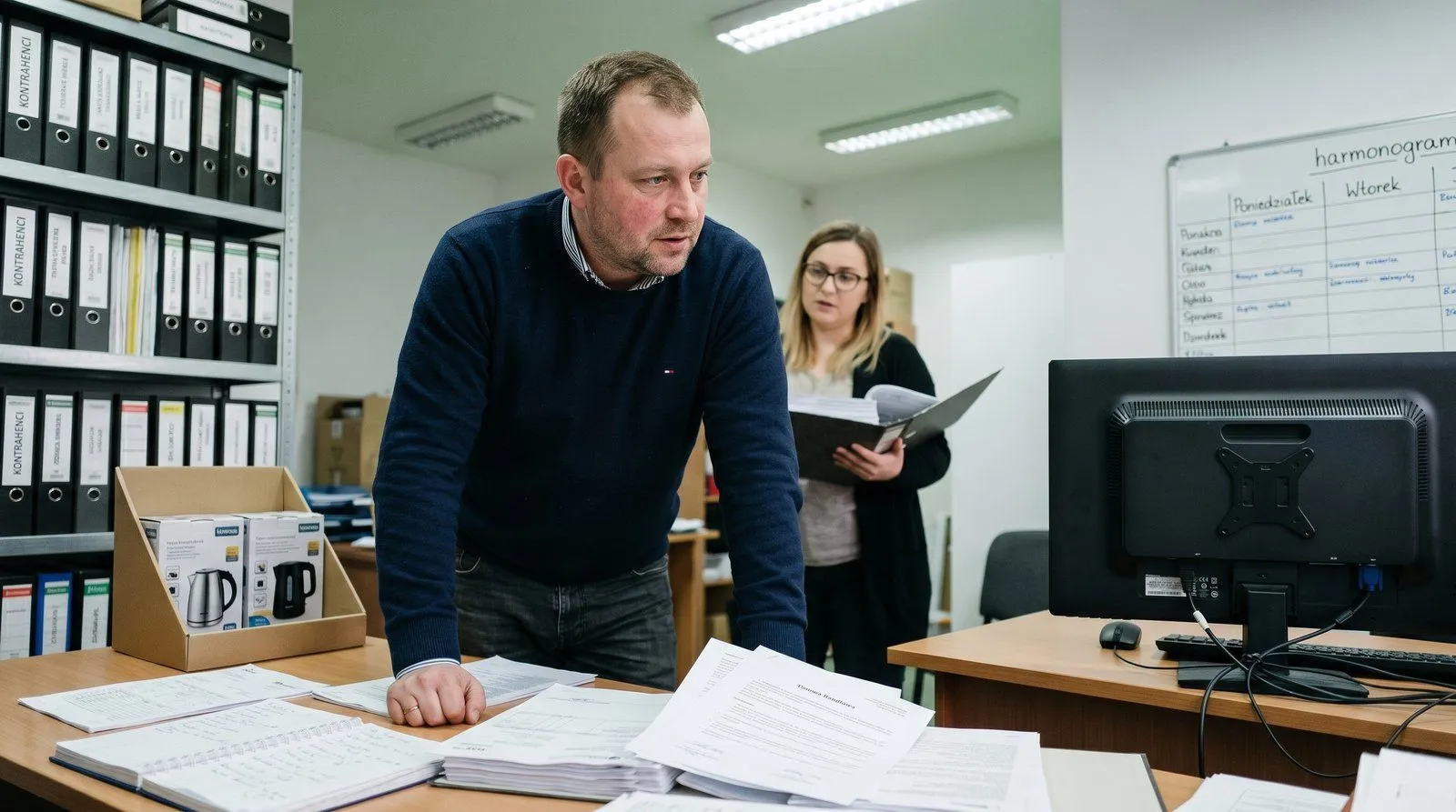 Rampa załadunkowa hurtowni AGD w Łodzi — rozładunek kontenera z Chin i Turcji przed Black Friday, pracownicy w kamizelkach odblaskowych