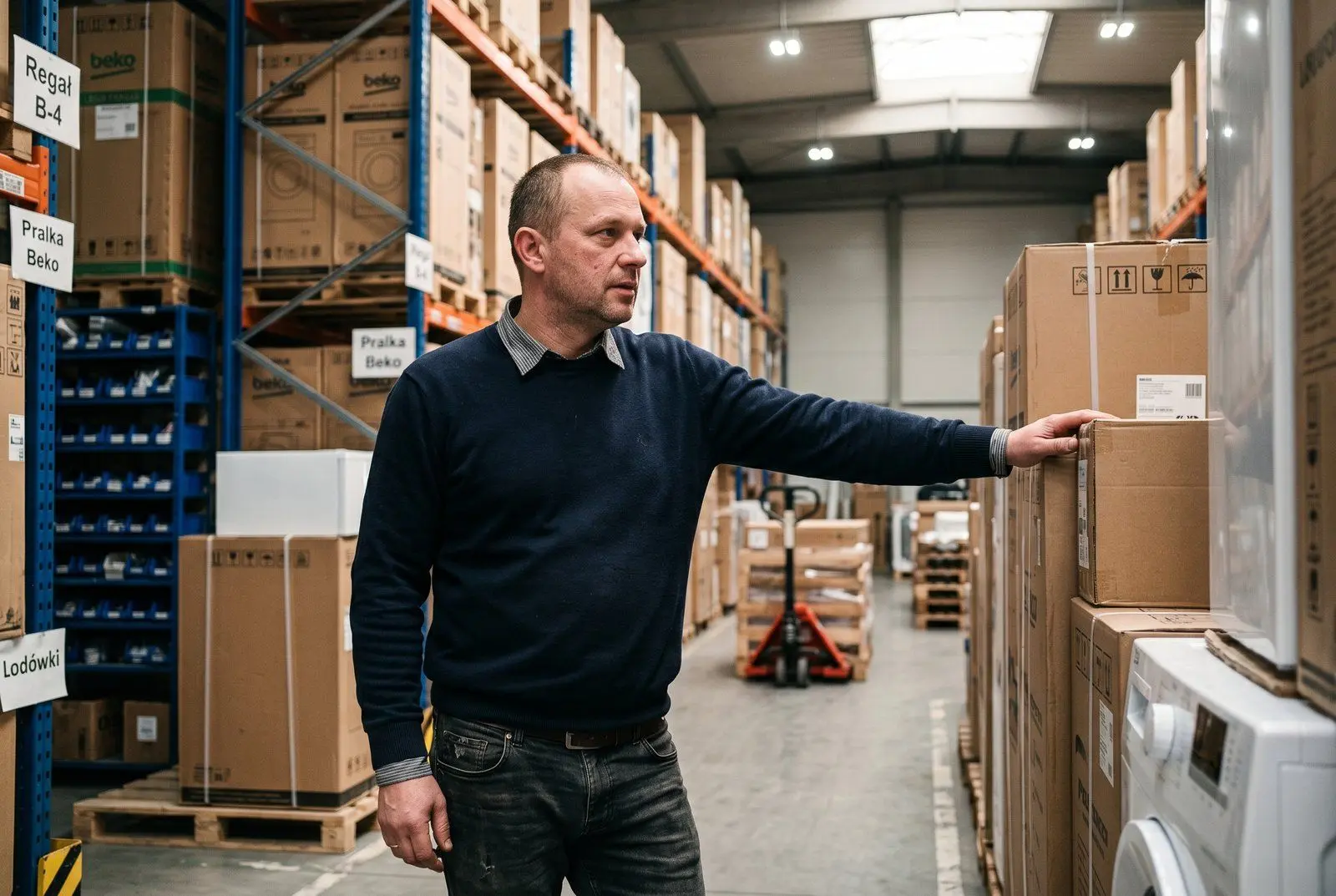 Wnętrze hurtowni AGD z Łodzi — regały pełne kartonów, wózek paletowy, 400 m² magazynu zatowarowanego pod sezon Q4 dzięki pożyczce 350 tys. PLN od Horyzont Capital