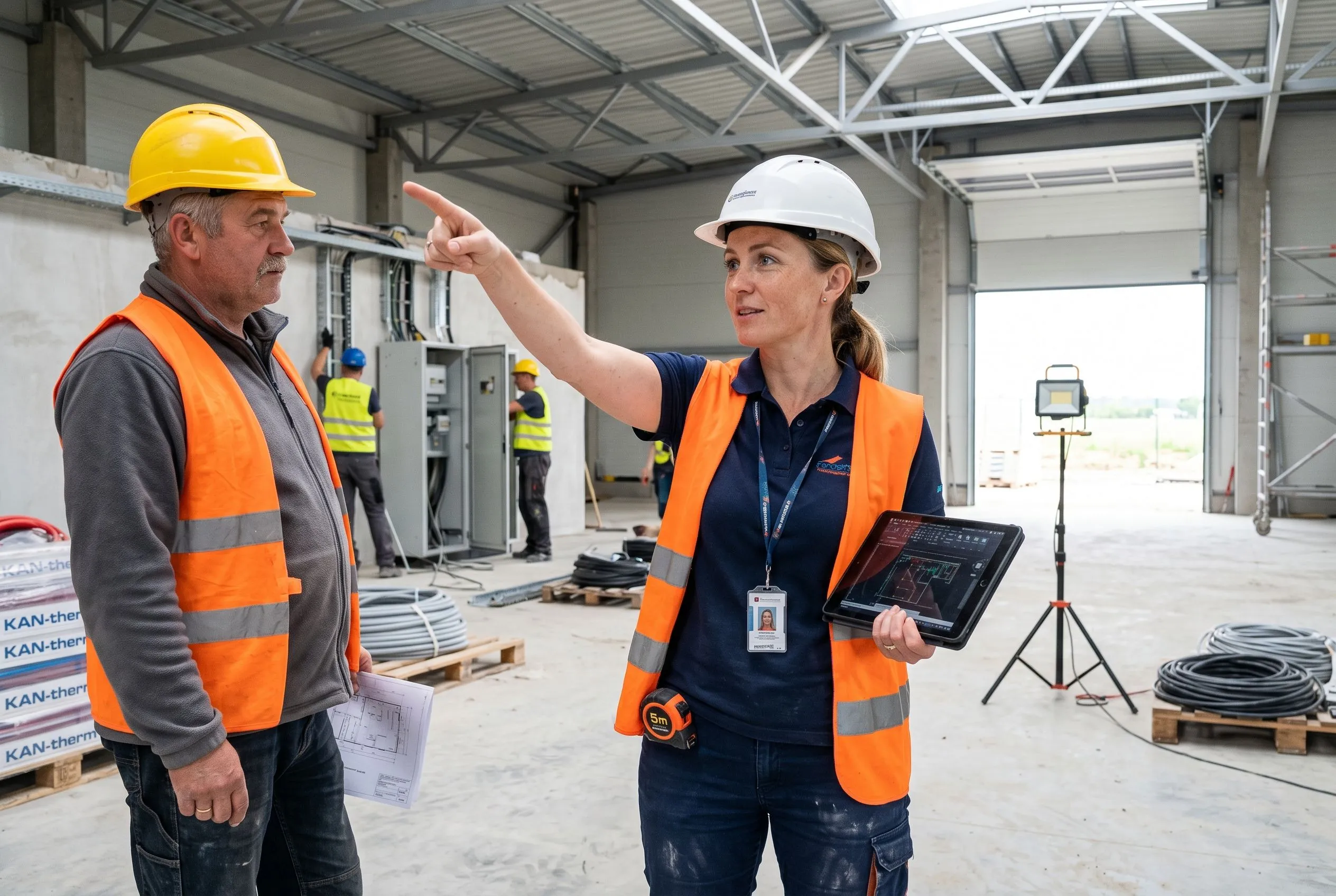 Pani Agnieszka w kasku i kamizelce odblaskowej na placu budowy hali produkcyjnej w Brodnicy — sprawdza plan instalacji elektrycznych, w tle monterzy przy pracy nad rozdzielnią