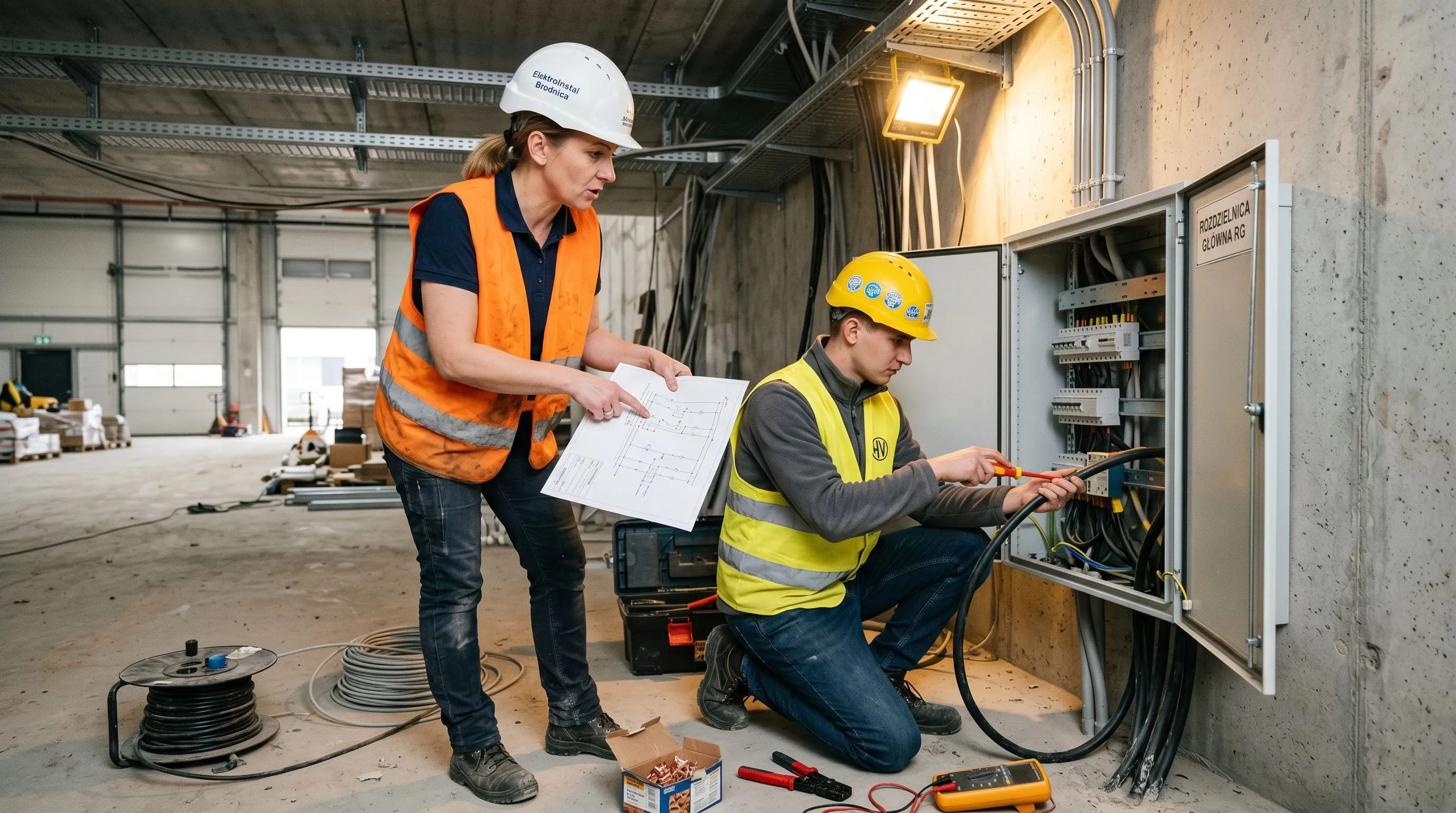 Monter z firmy instalacyjnej z Brodnicy podczas prac przy rozdzielni elektrycznej w hali logistycznej — przewody w ścianach, profesjonalne narzędzia, kontekst kontraktu 1,4 mln PLN