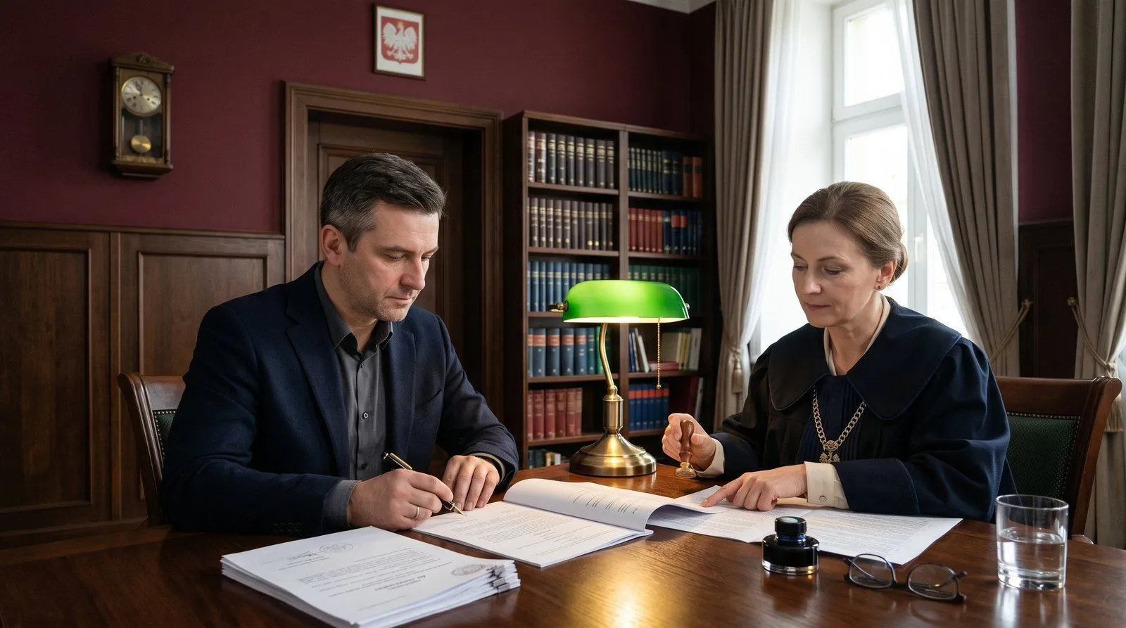 Inwestor w garniturze stojący przed wejściem do lokalu komercyjnego z kluczami w ręku — szyldy sklepowe w tle