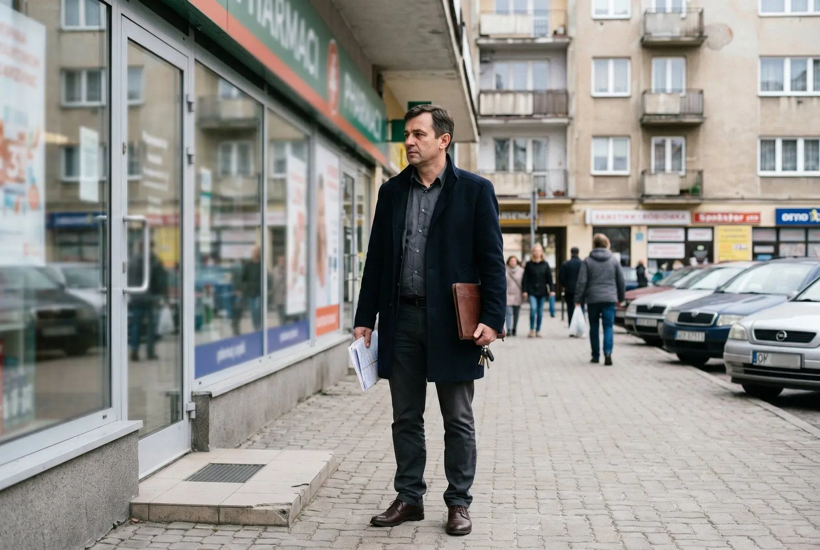 Witryna lokalu handlowego na parterze nowego budynku w centrum Rzeszowa — podświetlona, przeszklona, elegancka ulica w tle