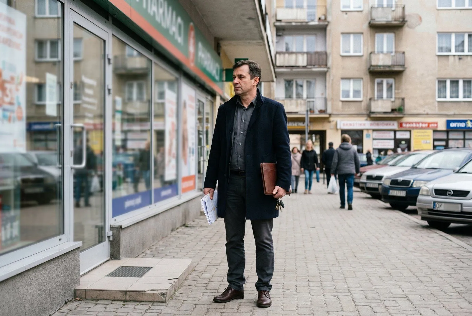 Witryna lokalu handlowego na parterze nowego budynku w centrum Rzeszowa — podświetlona, przeszklona, elegancka ulica w tle