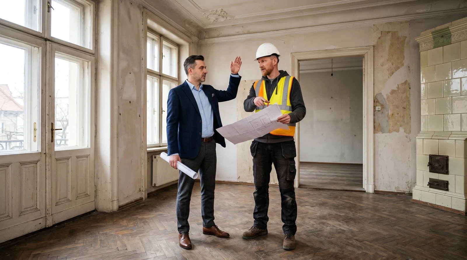 Wnętrze odnowionego lokalu usługowego na parterze kamienicy w Legnicy — duże okna, podłoga drewniana, nowoczesne oświetlenie