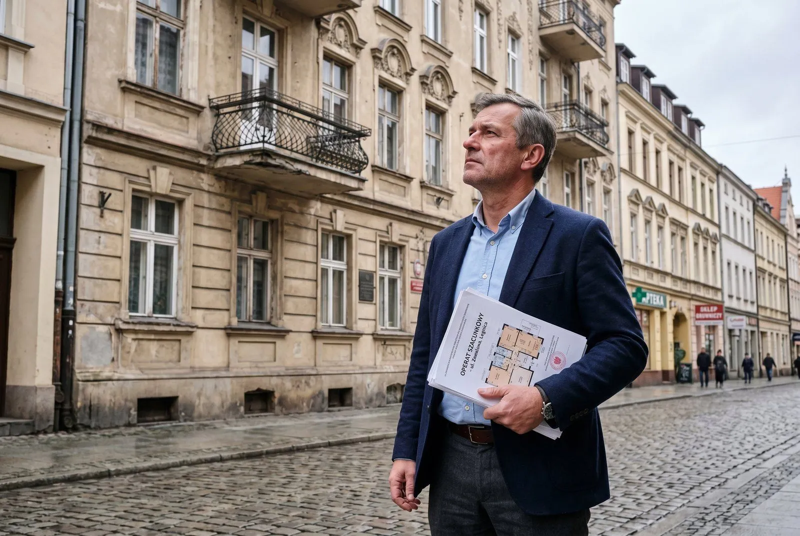 Fasada odnowionej kamienicy w centrum Legnicy — lokale usługowe na parterze, ciepłe światło wieczorne, dolnośląska architektura