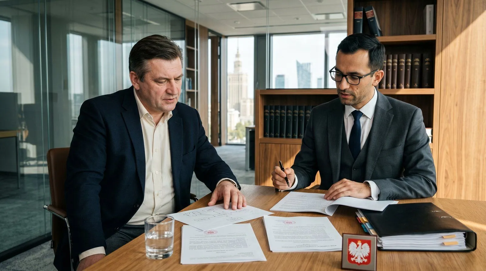 Klatka schodowa odrestaurowanej kamienicy na Pradze — drewniane schody, secesyjna balustrada, oryginalna stolarka okienna