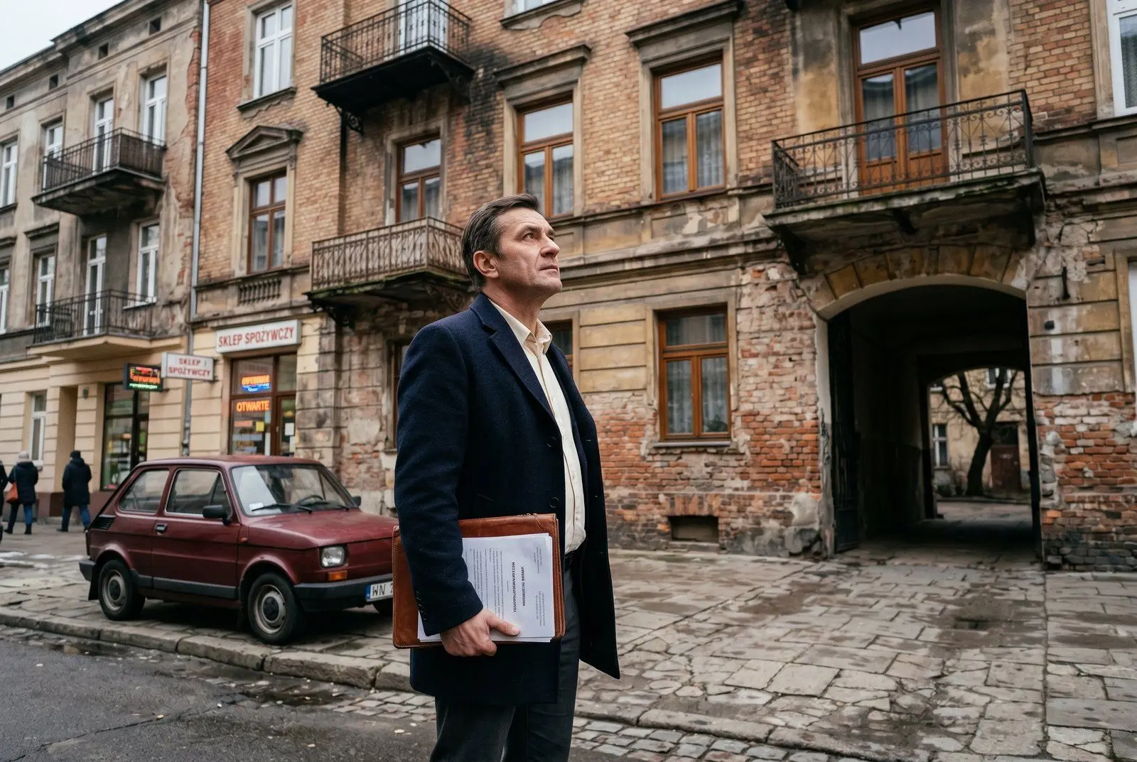 Fasada kamienicy na warszawskiej Pradze-Północ — secesyjne detale, ceglana ściana, ciepłe światło wieczorne, lokale usługowe na parterze